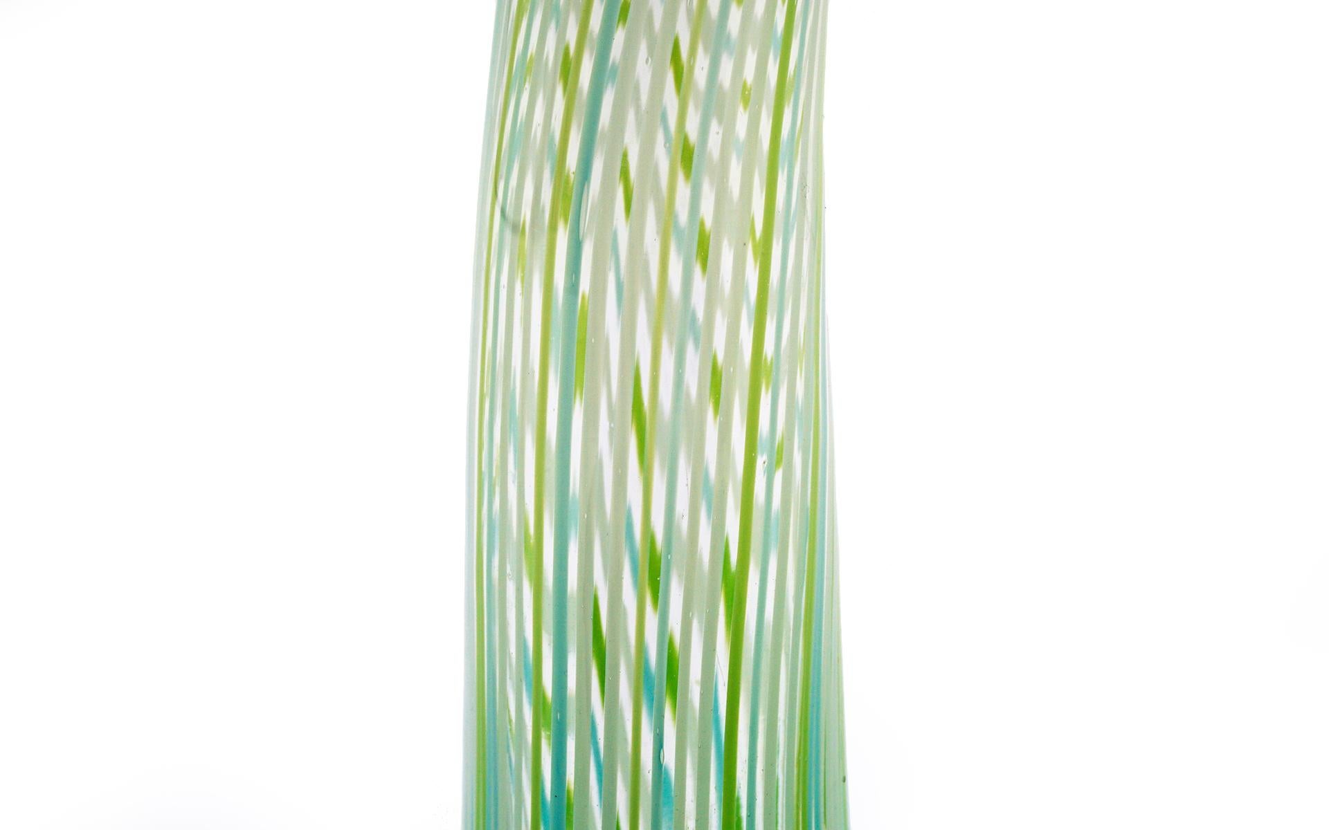 Mid-Century Modern Murano Art Glass Vase, Green, Blue, Yellow, White Vertical Stripes. Curved Form