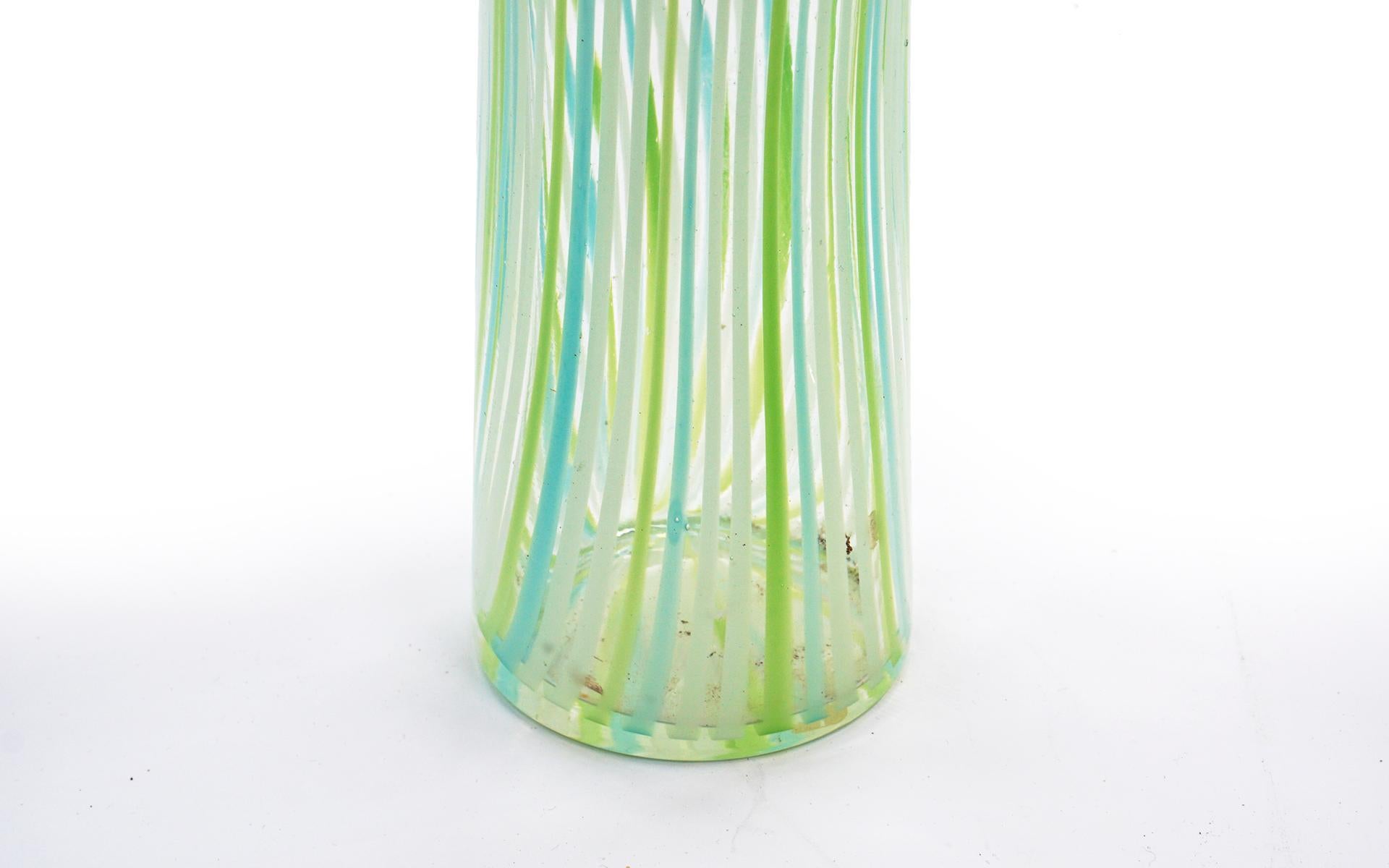 Italian Murano Art Glass Vase, Green, Blue, Yellow, White Vertical Stripes. Curved Form