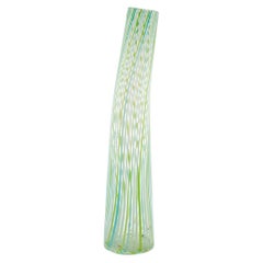 Murano Art Glass Vase, Green, Blue, Yellow, White Vertical Stripes. Curved Form