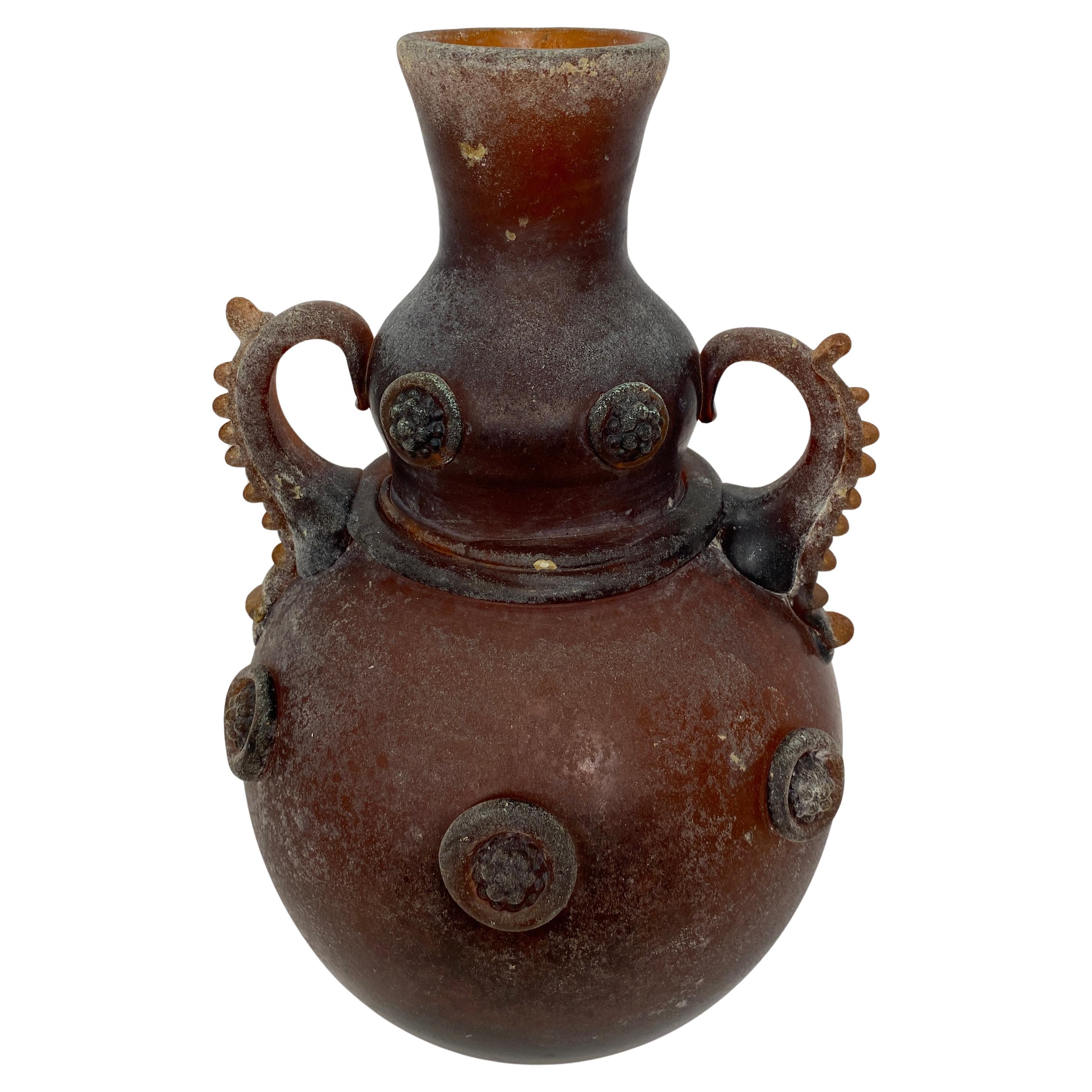 Murano Art Glass Vase with Handles, Roman Revival Style For Sale