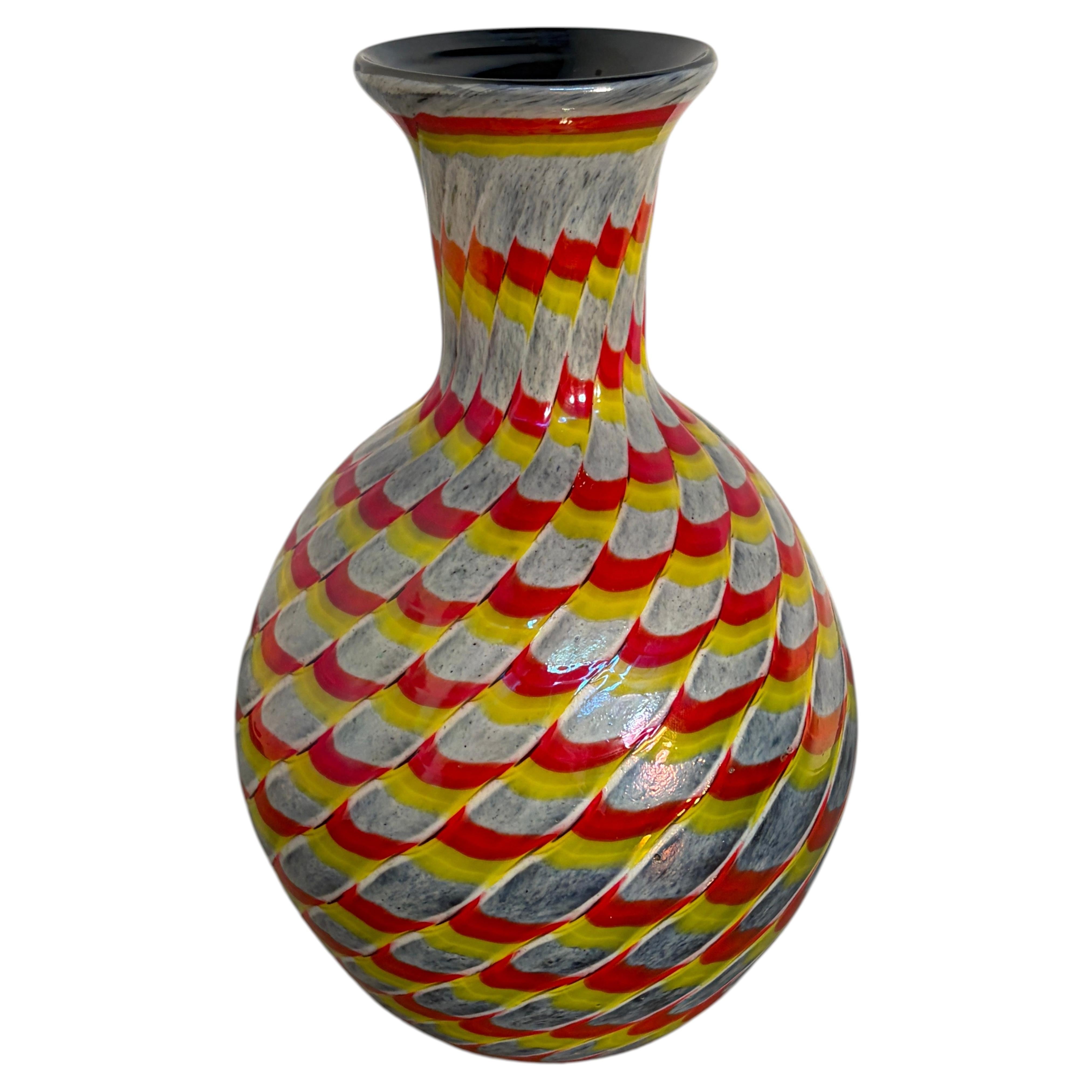 Murano Art Glass Vase with Red, Yellow, and White Spiral Design For Sale