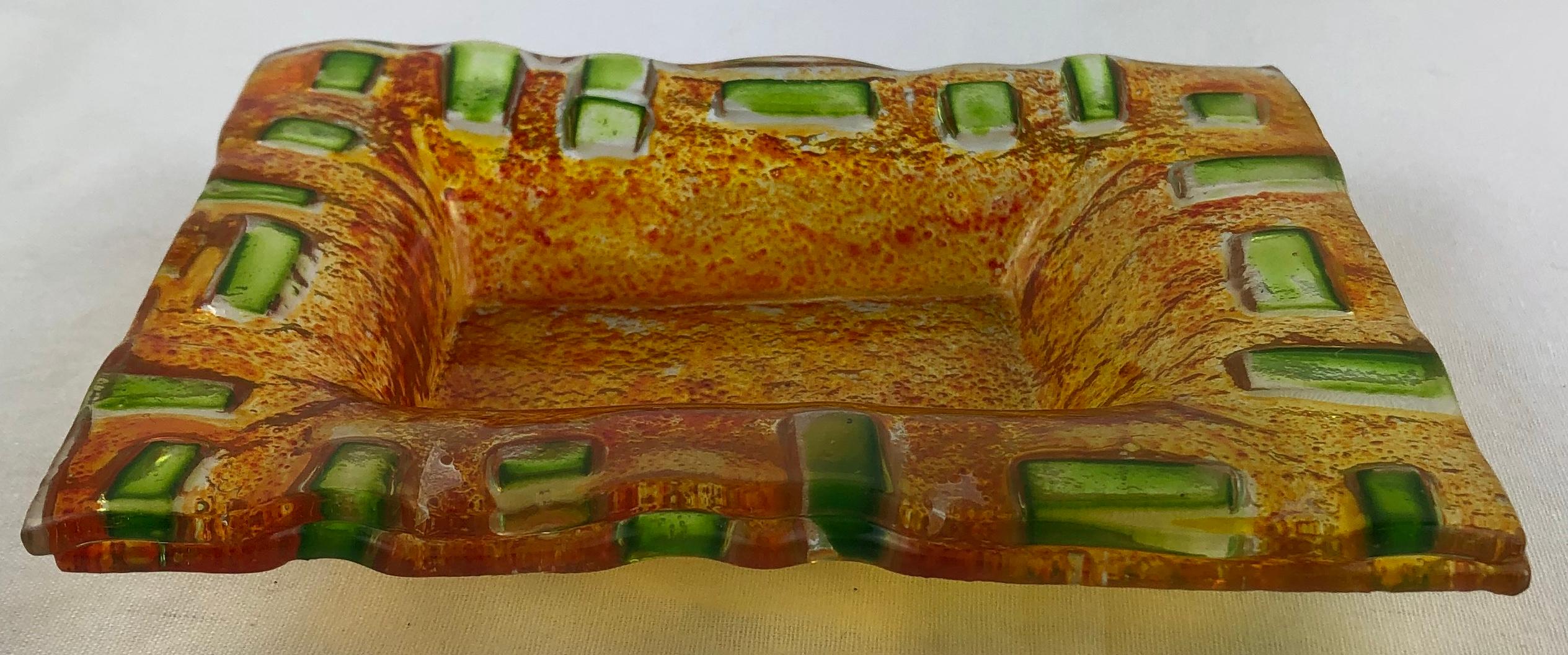 Hand-Crafted Murano Art Glass Vide Poche, Stunning Orange and Green Colors, 1950s For Sale