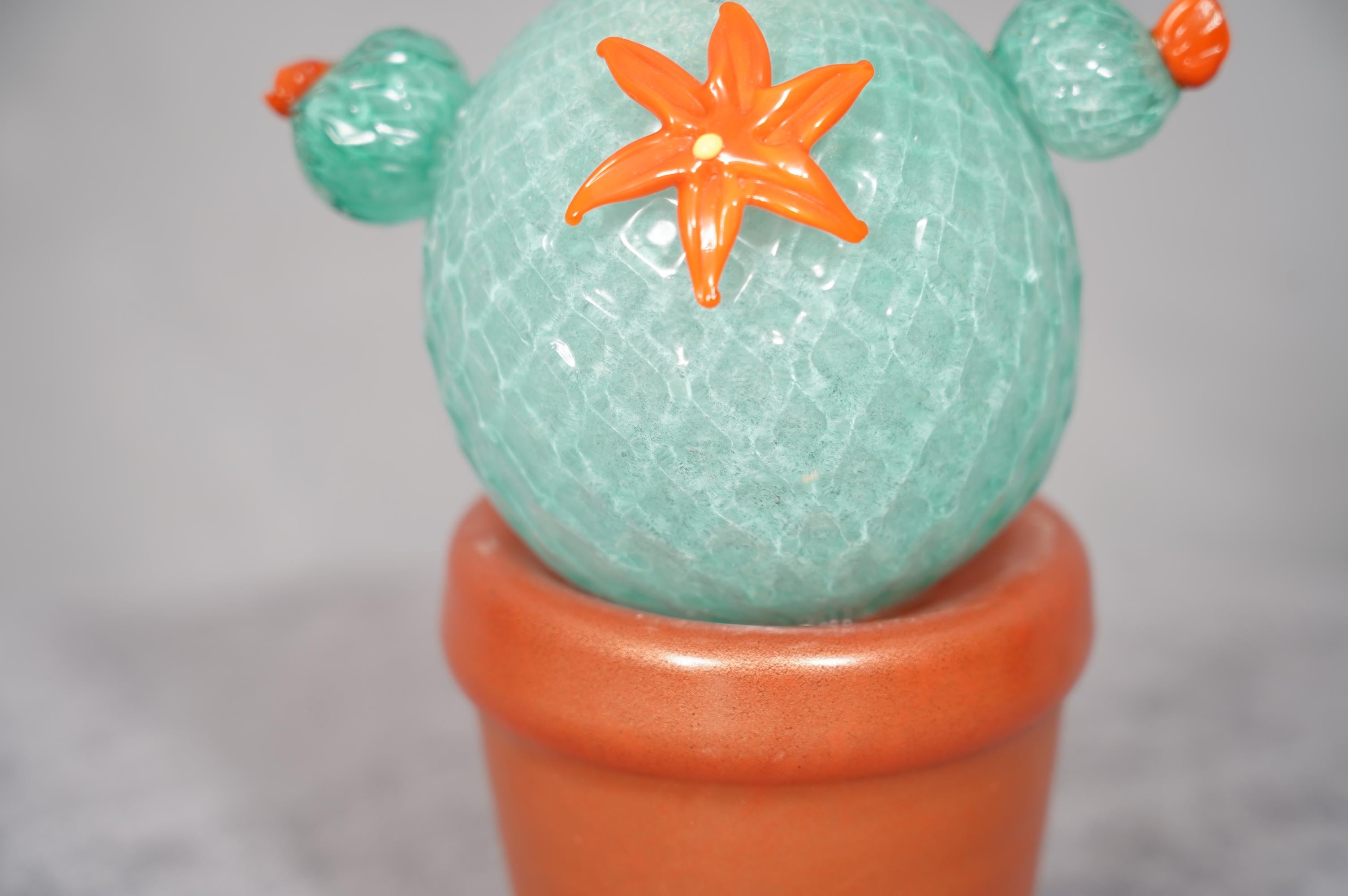 Mid-Century Modern Murano Art Glass Water Green Cactus Plant, 1990 For Sale