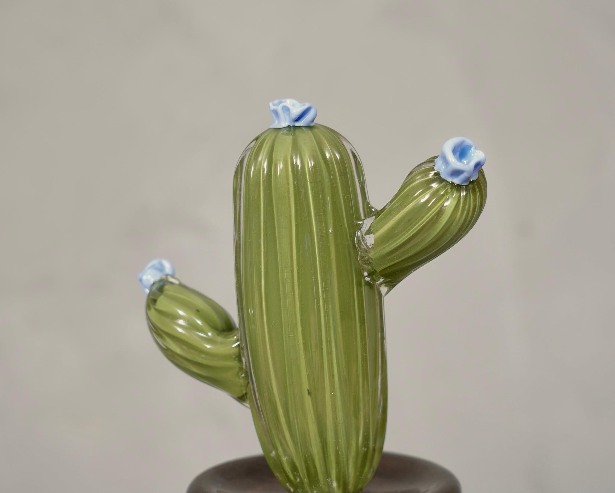 Murano Art Glass Water Green Cactus Plant, 1990 In Good Condition For Sale In Rome, IT