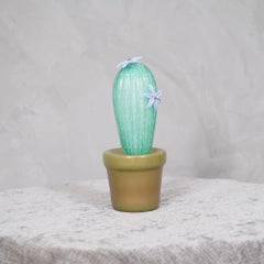 Murano Glass Cactus Sculpture, Water Green with Vase, Italy, 1990