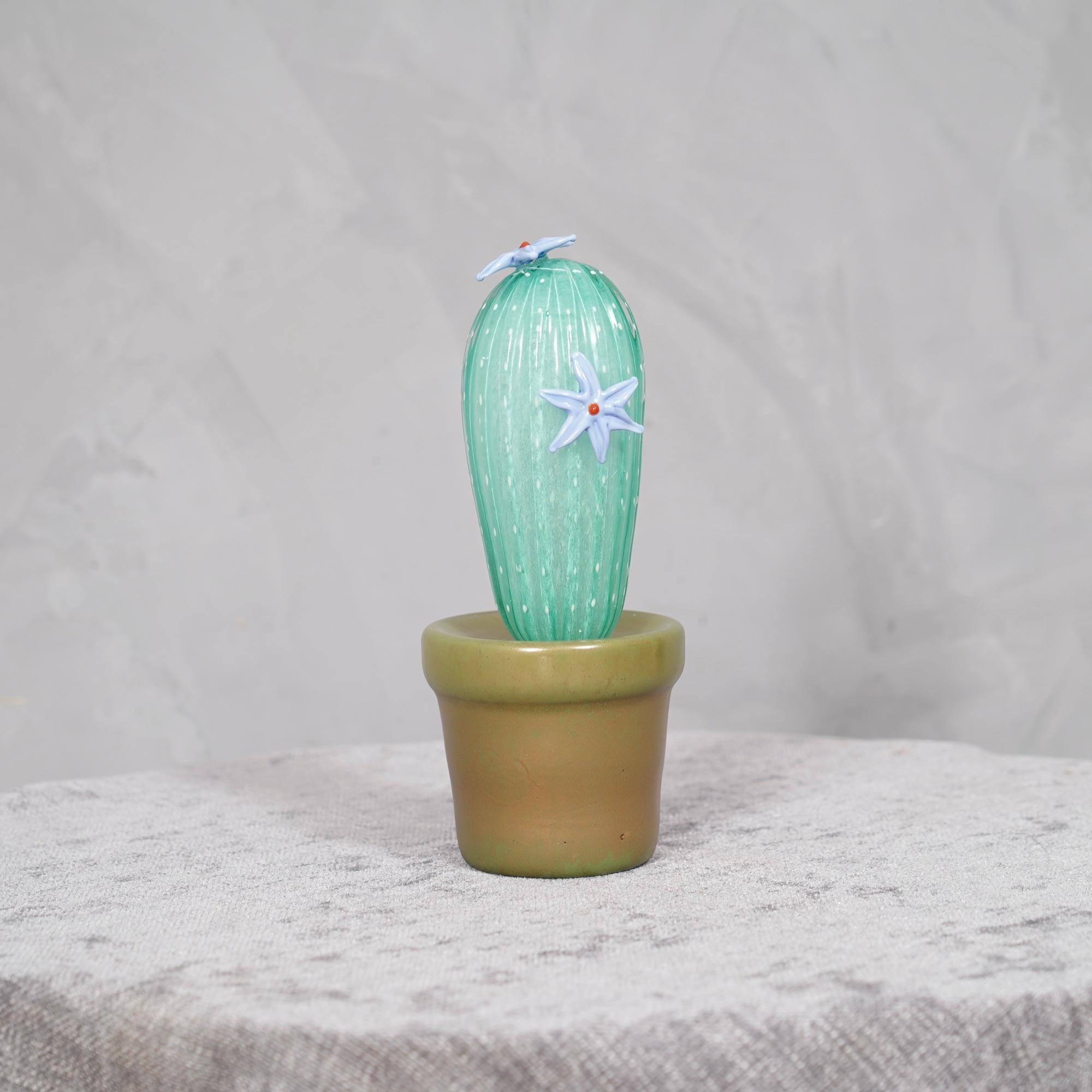 Late 20th Century Murano Art Glass Water Green Cactus Plant, 1990 For Sale