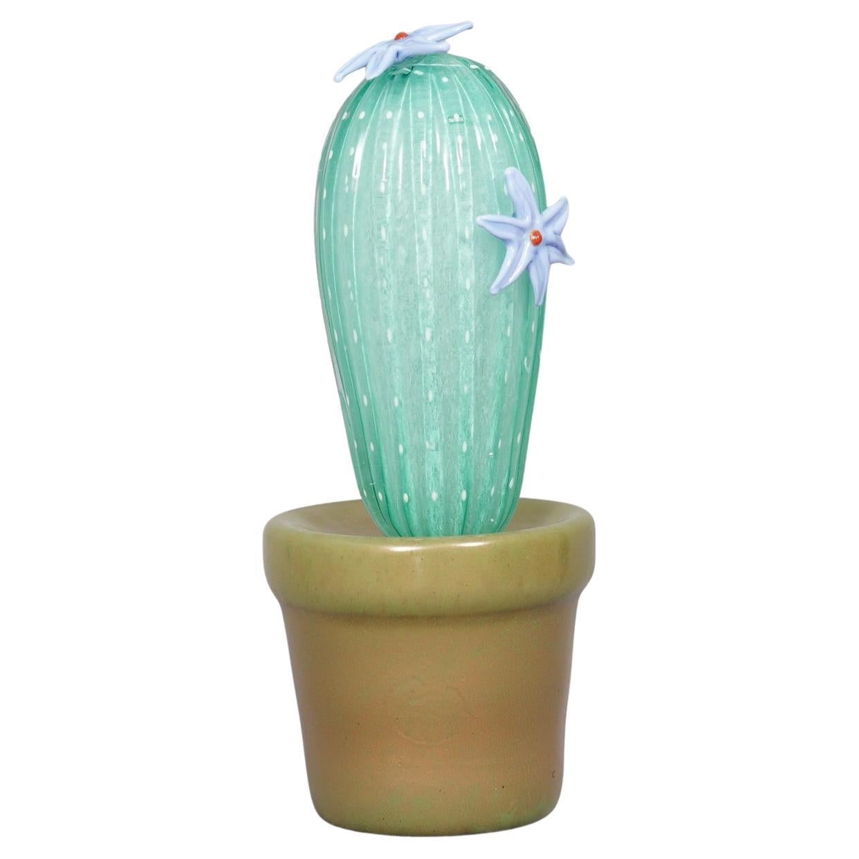 Pianta di cactus verde acqua in vetro artistico di Murano, 1990