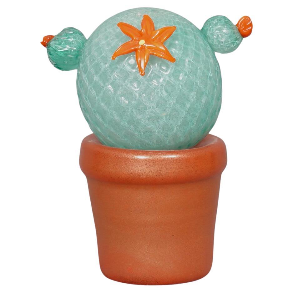 Pianta di cactus verde acqua in vetro artistico di Murano, 1990
