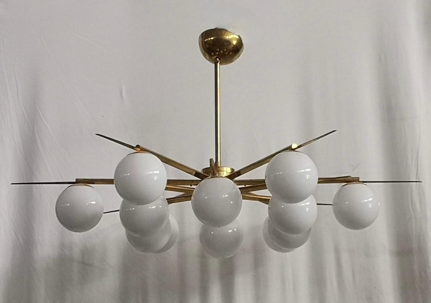 Italian Murano Art Glass White Color and Brass Mid-Century Chandelier, 2020 For Sale