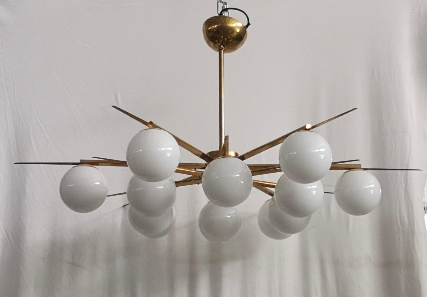 Contemporary Murano Art Glass White Color and Brass Mid-Century Chandelier, 2020 For Sale