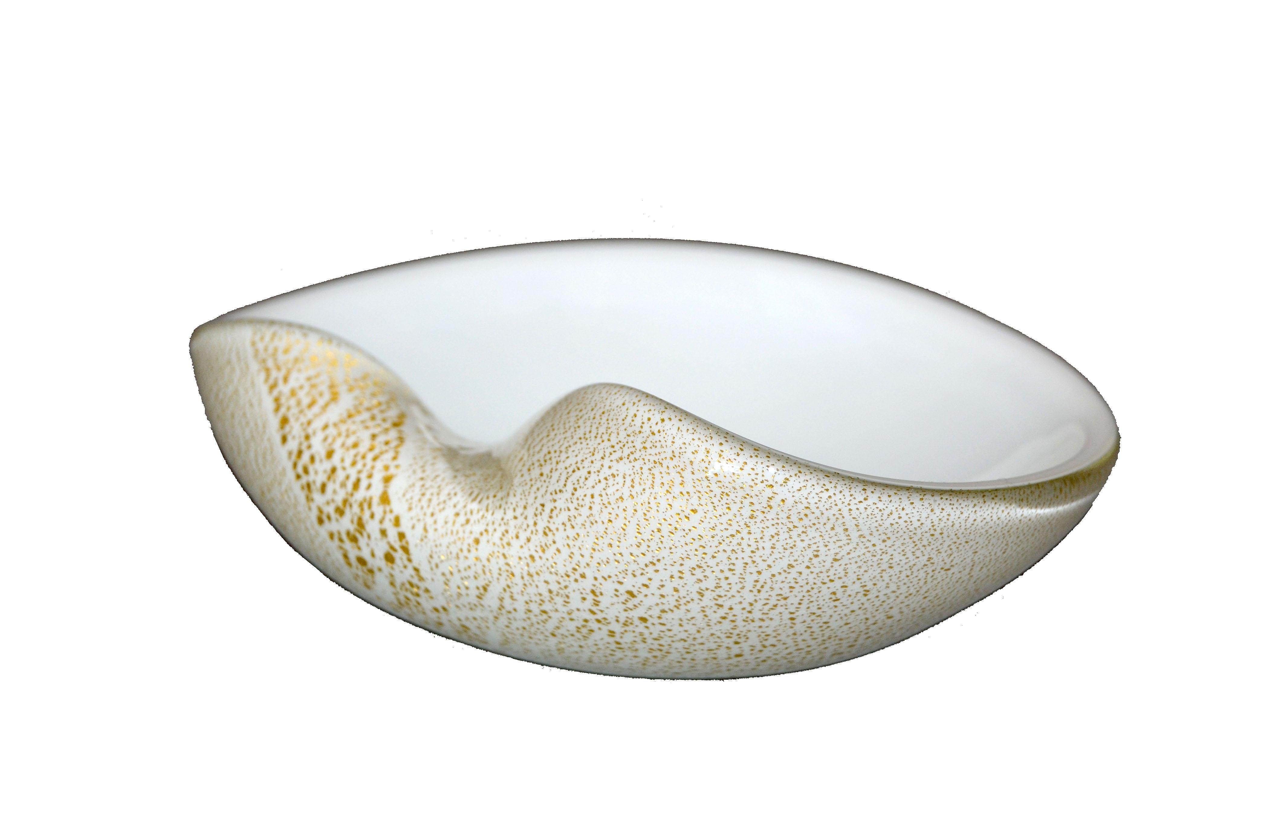 Mid-Century Modern Murano Art Glass White and Gold Flecks Catchall, Bowl Inspired, Alfredo Barbini