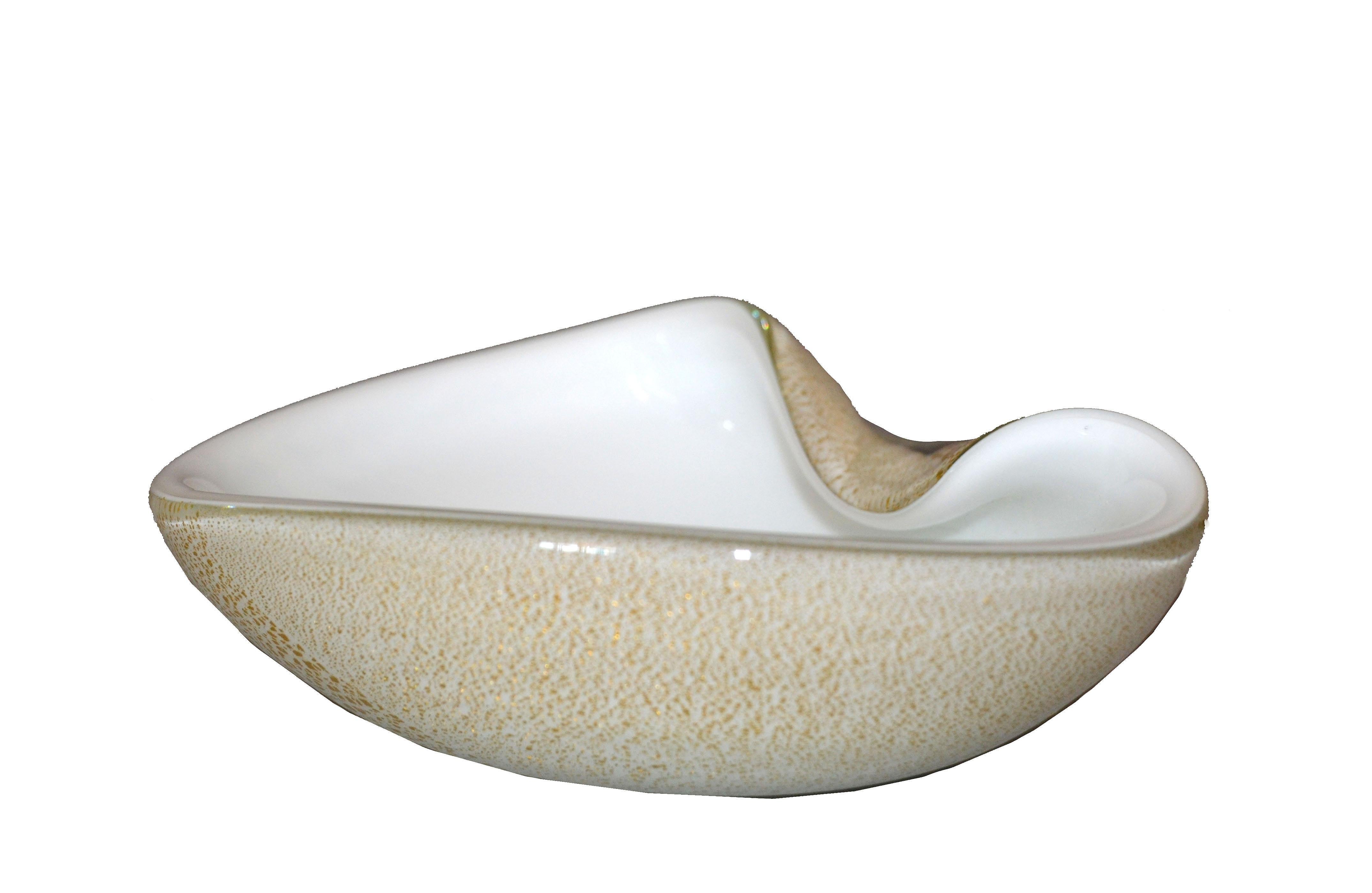 Hand-Crafted Murano Art Glass White and Gold Flecks Catchall, Bowl Inspired, Alfredo Barbini