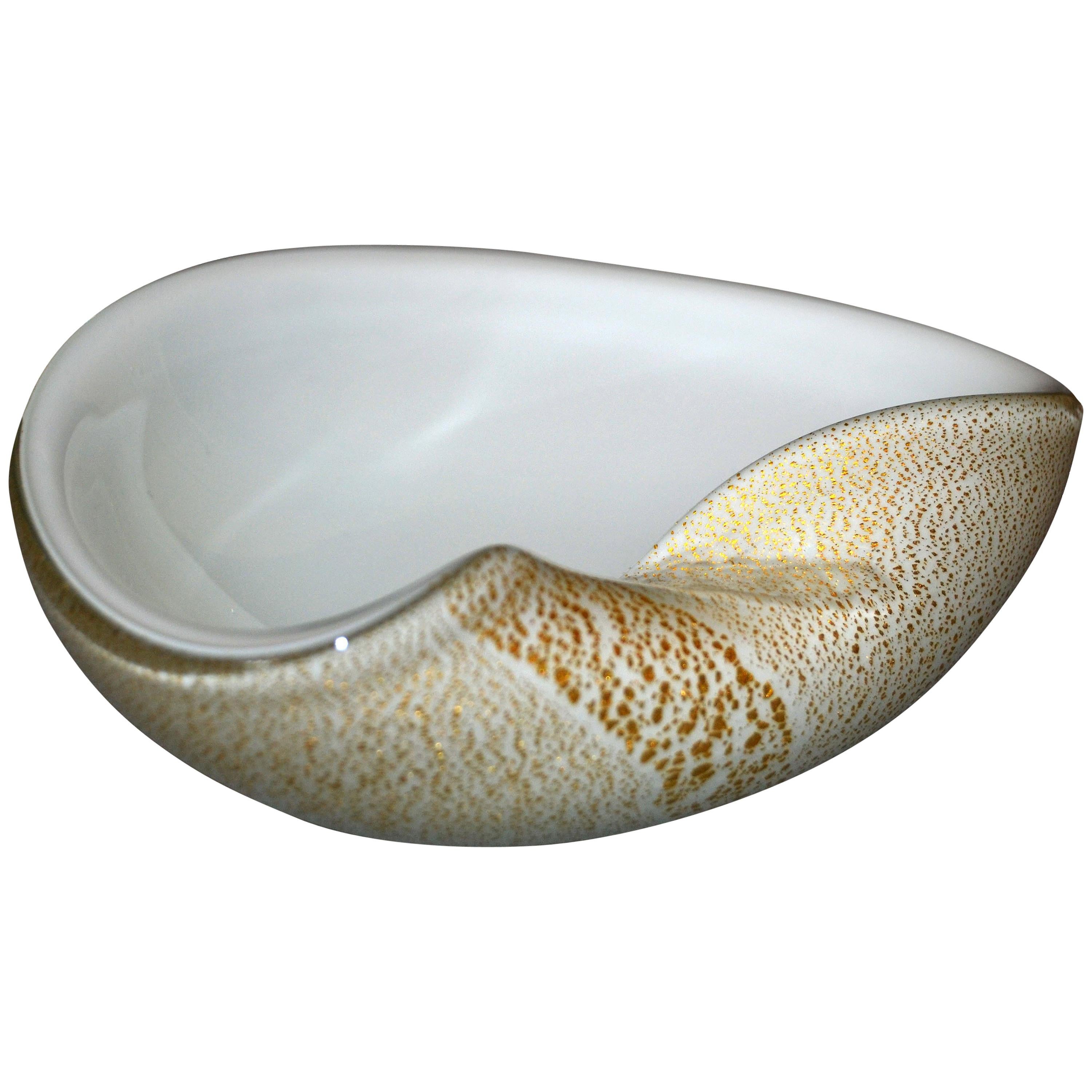 Murano Art Glass White and Gold Flecks Catchall, Bowl Inspired, Alfredo Barbini