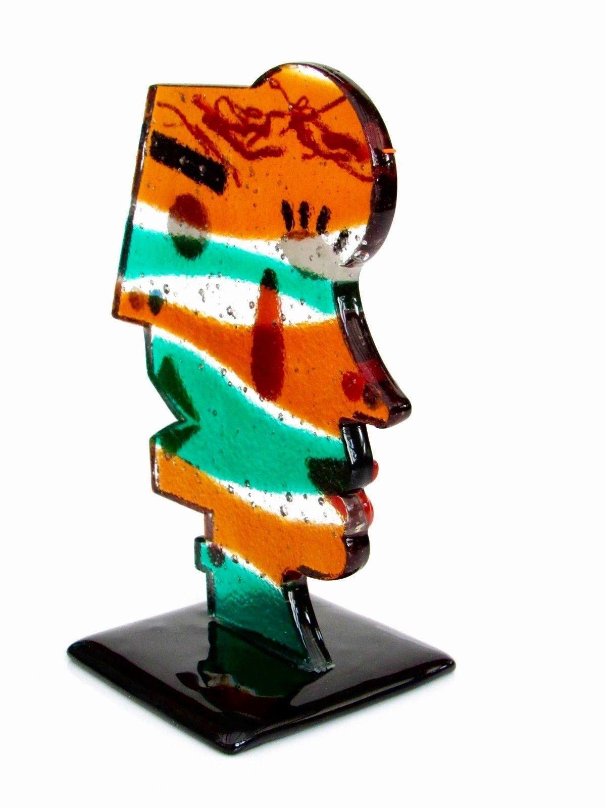 Modern Murano Artist Signed Two Face Art Glass Sculpture Tribute to Picasso