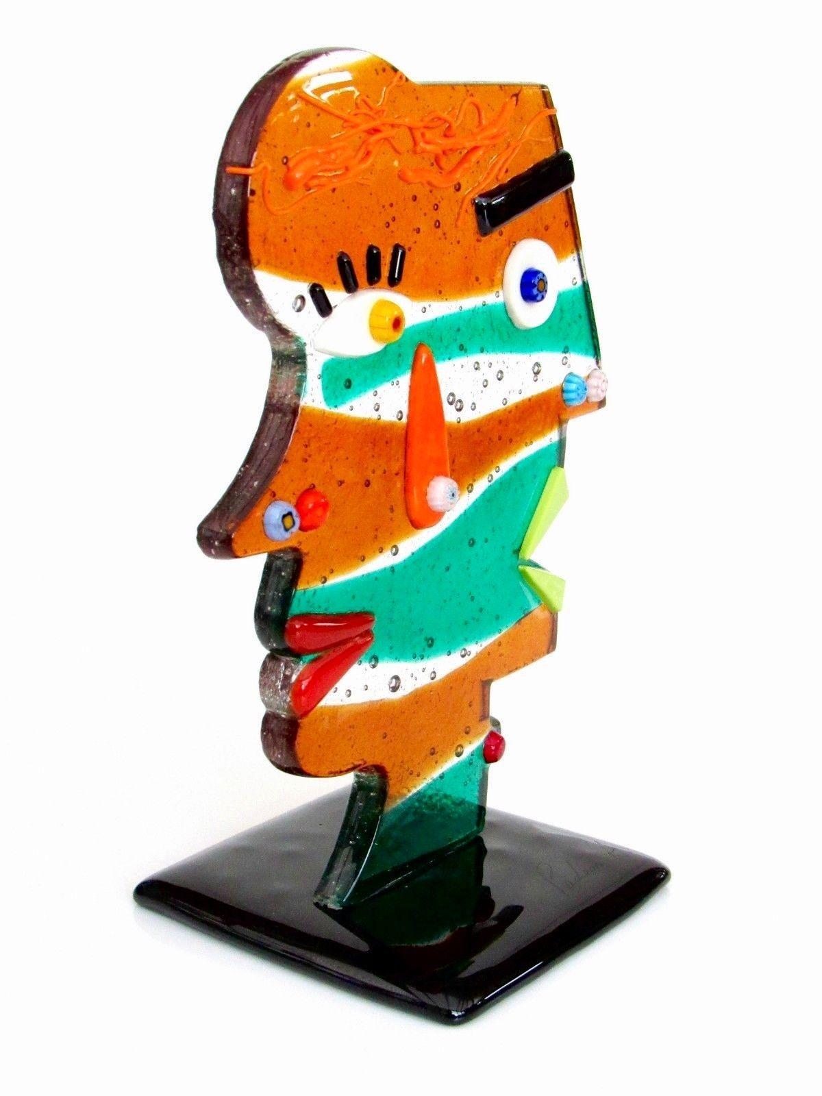 Hand-Crafted Murano Artist Signed Two Face Art Glass Sculpture Tribute to Picasso