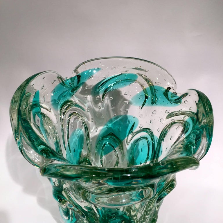 Murano Artistic Blown Glass "Cactus" Vase Green and Crystal, circa 1950