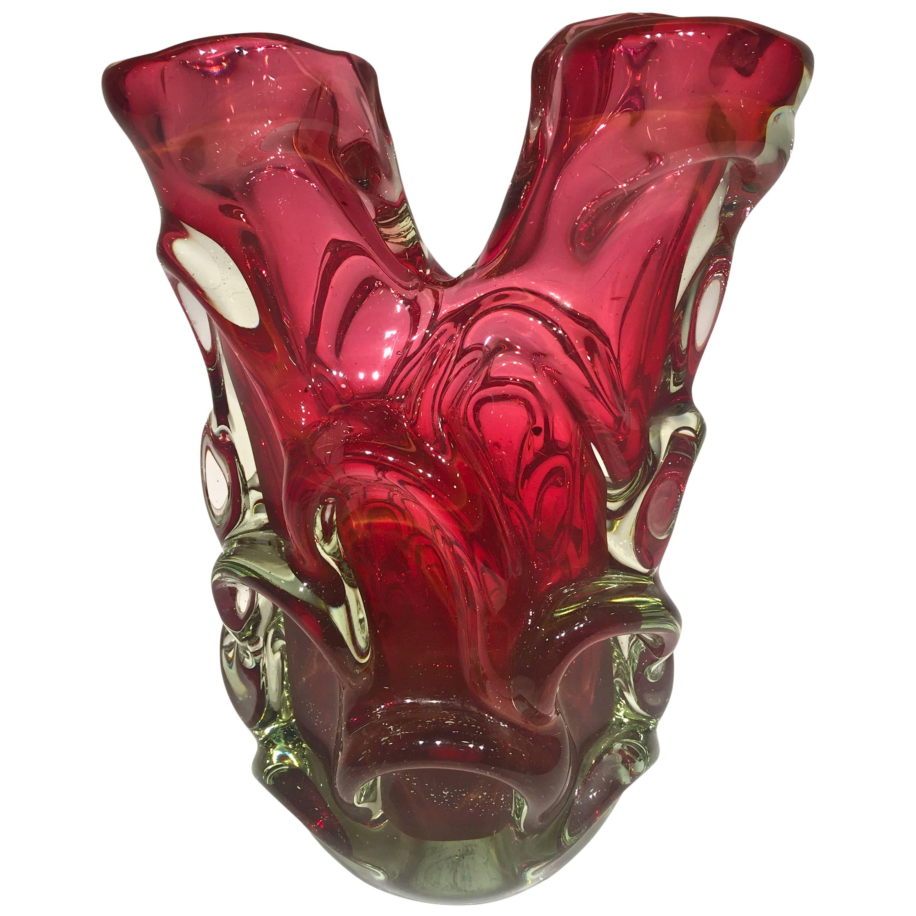 Murano Artistic Blown Glass "Cactus" Vase Red, circa 1950 For Sale