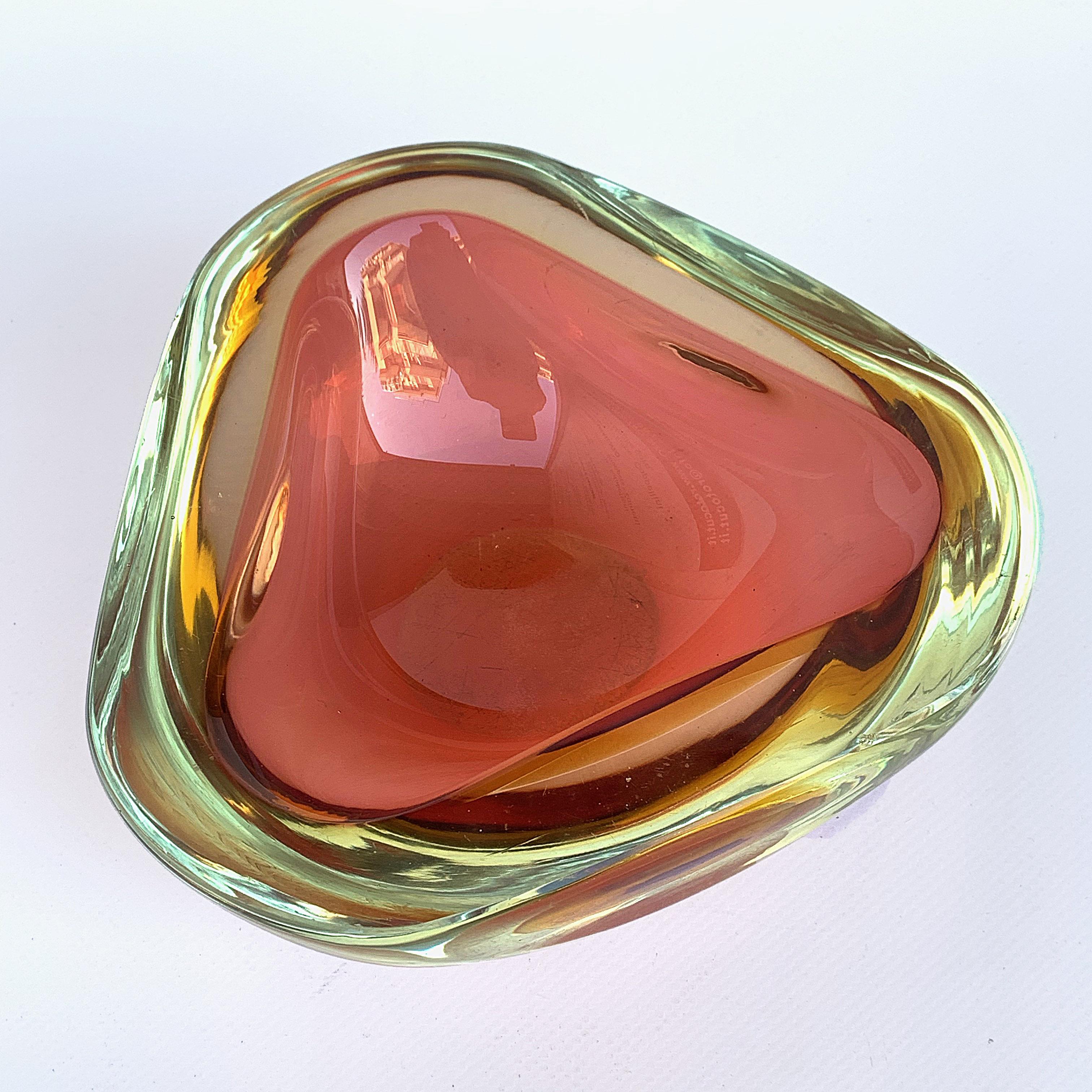 Italian Murano Ashtray, Flavio Poli, Submerged Glass, Amber, Glass, Italy, 1960s