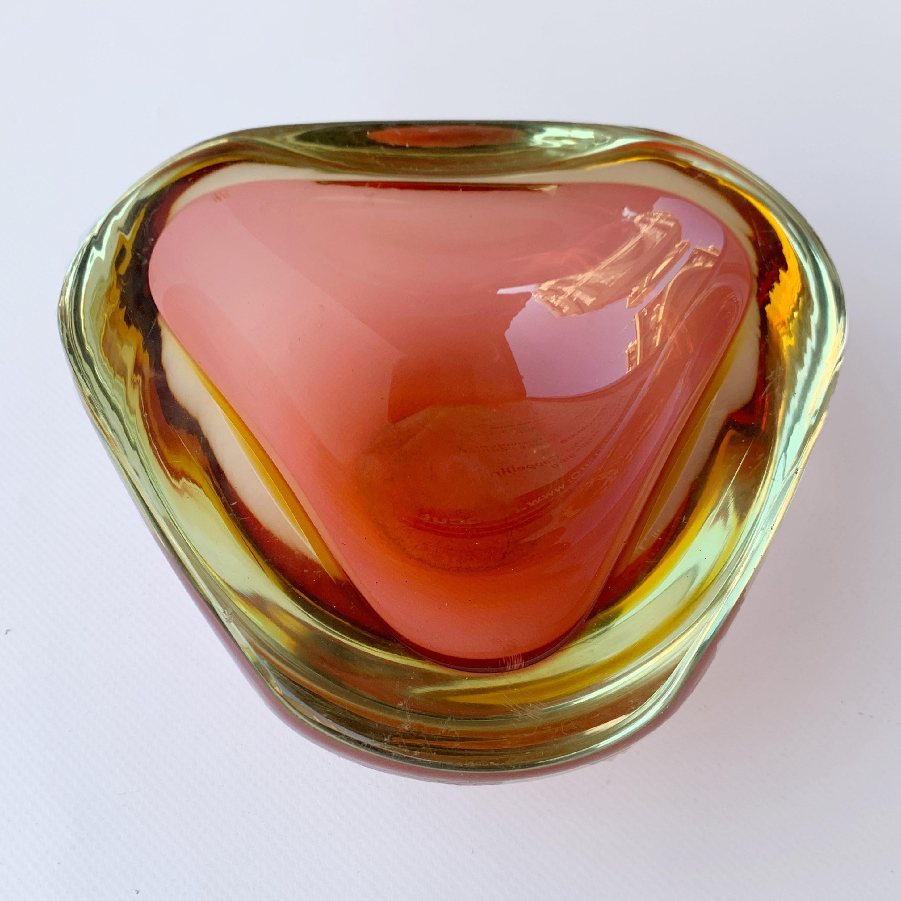 20th Century Murano Ashtray, Flavio Poli, Submerged Glass, Amber, Glass, Italy, 1960s
