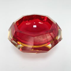 Murano Ashtray, Flavio Poli, Submerged Glass, Red Faceted Glass, Italy, 1950s