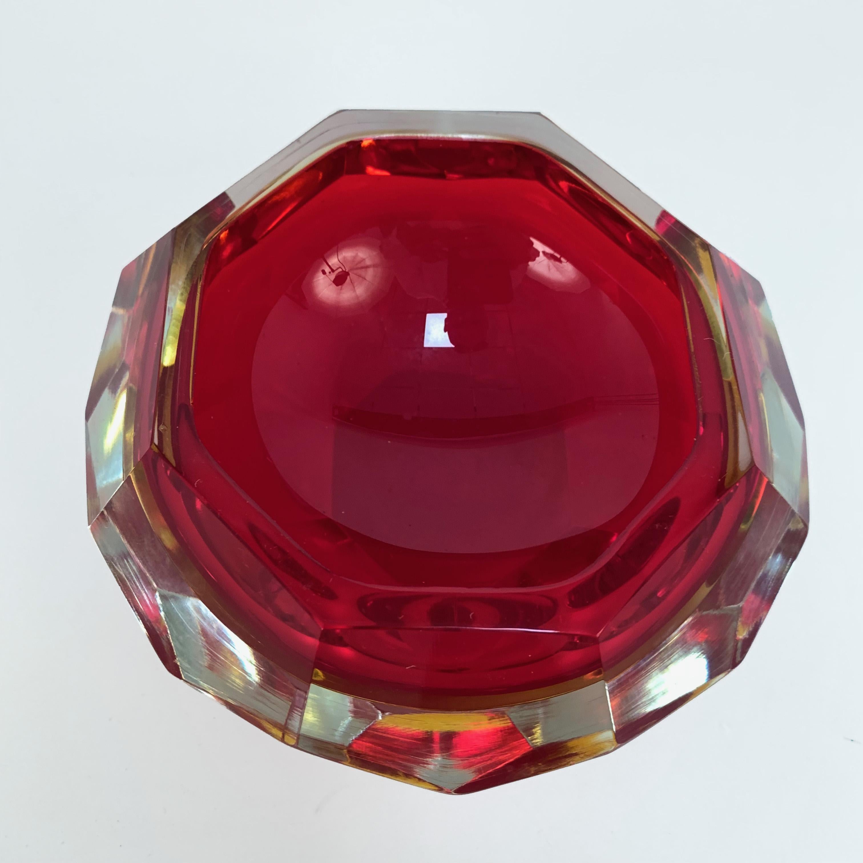 Mid-Century Modern Murano Ashtray, Flavio Poli, Submerged Glass, Red Faceted Glass, Italy, 1950s For Sale