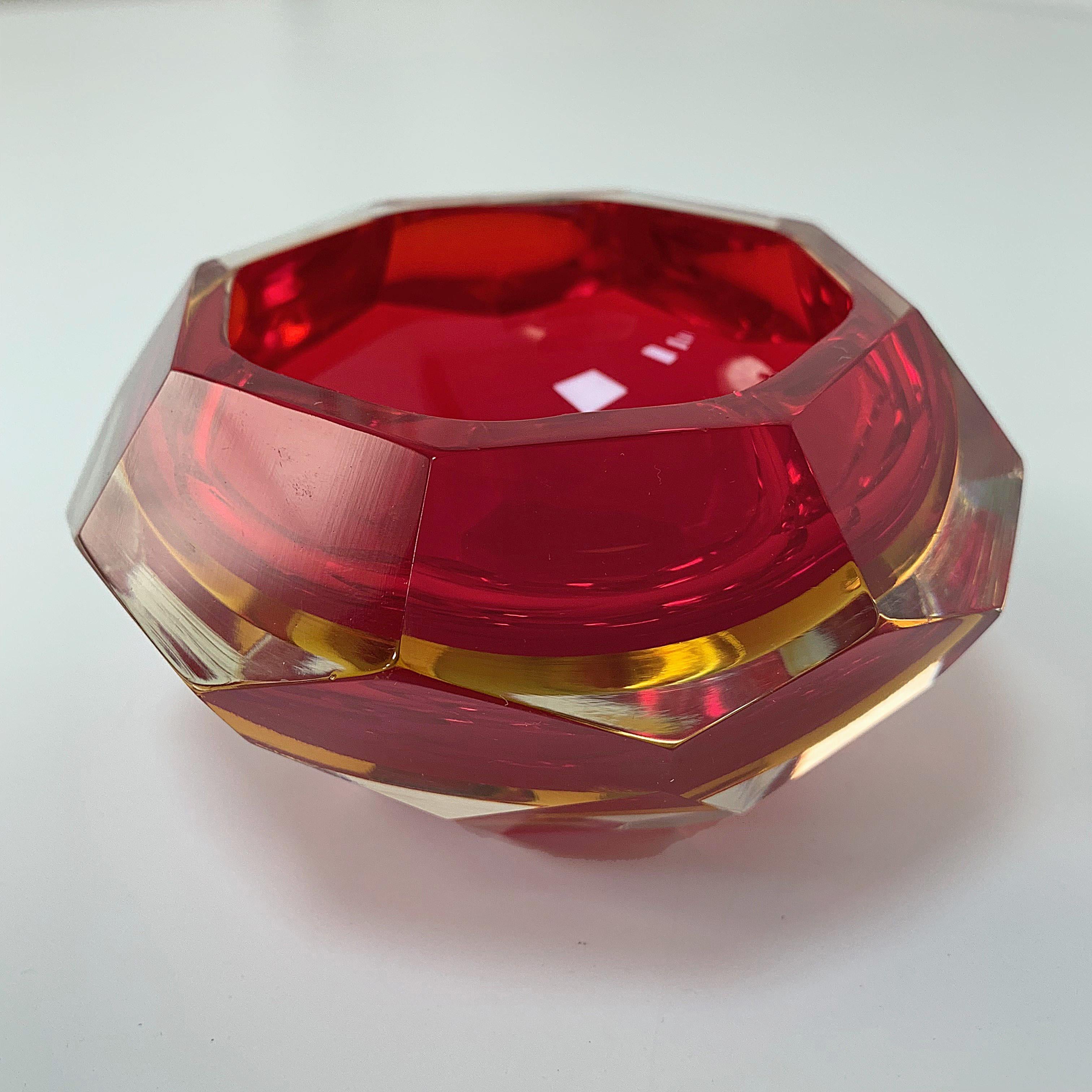 Italian Murano Ashtray, Flavio Poli, Submerged Glass, Red Faceted Glass, Italy, 1950s For Sale