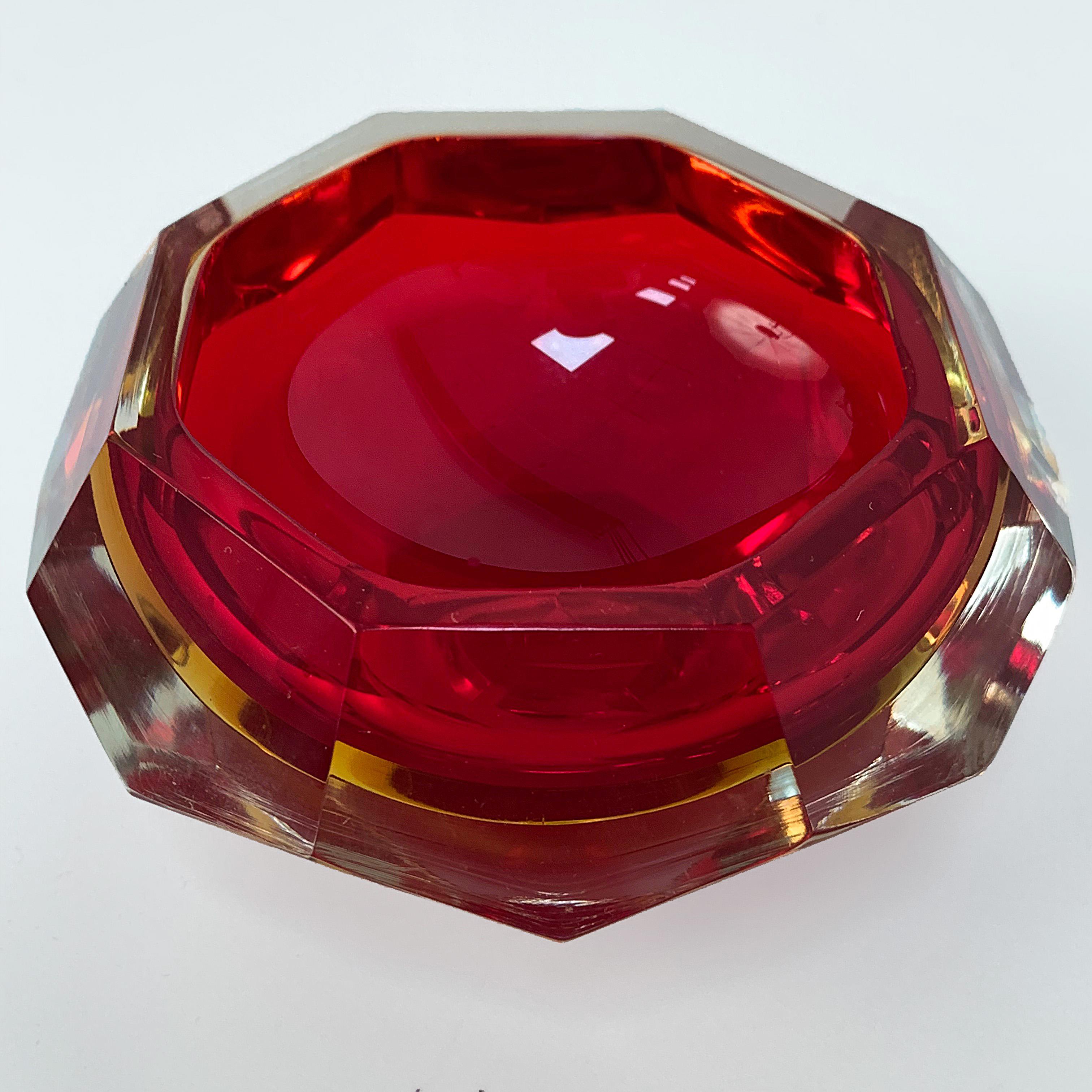 20th Century Murano Ashtray, Flavio Poli, Submerged Glass, Red Faceted Glass, Italy, 1950s For Sale
