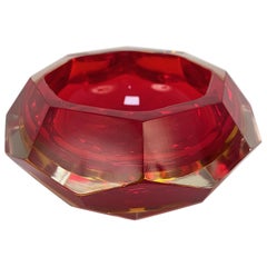 Murano Ashtray, Flavio Poli, Submerged Glass, Red Faceted Glass, Italy, 1950s