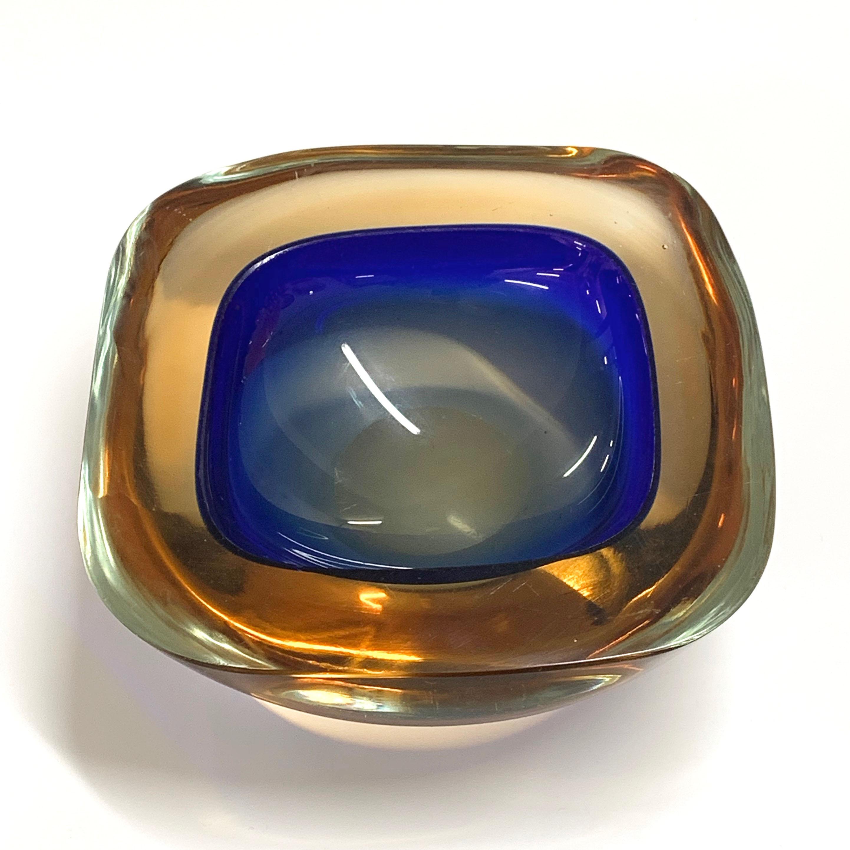 Murano Ashtray or Bowl, Flavio Poli Submerged Glass Amber Blue, Italy, 1960 3
