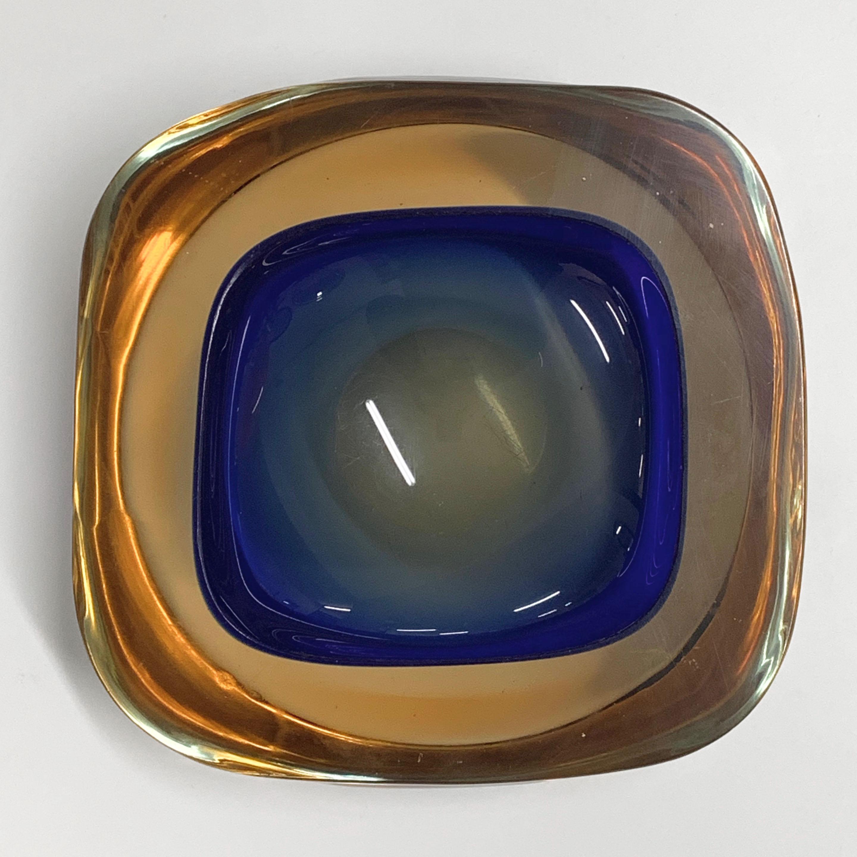Murano Ashtray or Bowl, Flavio Poli Submerged Glass Amber Blue, Italy, 1960 4
