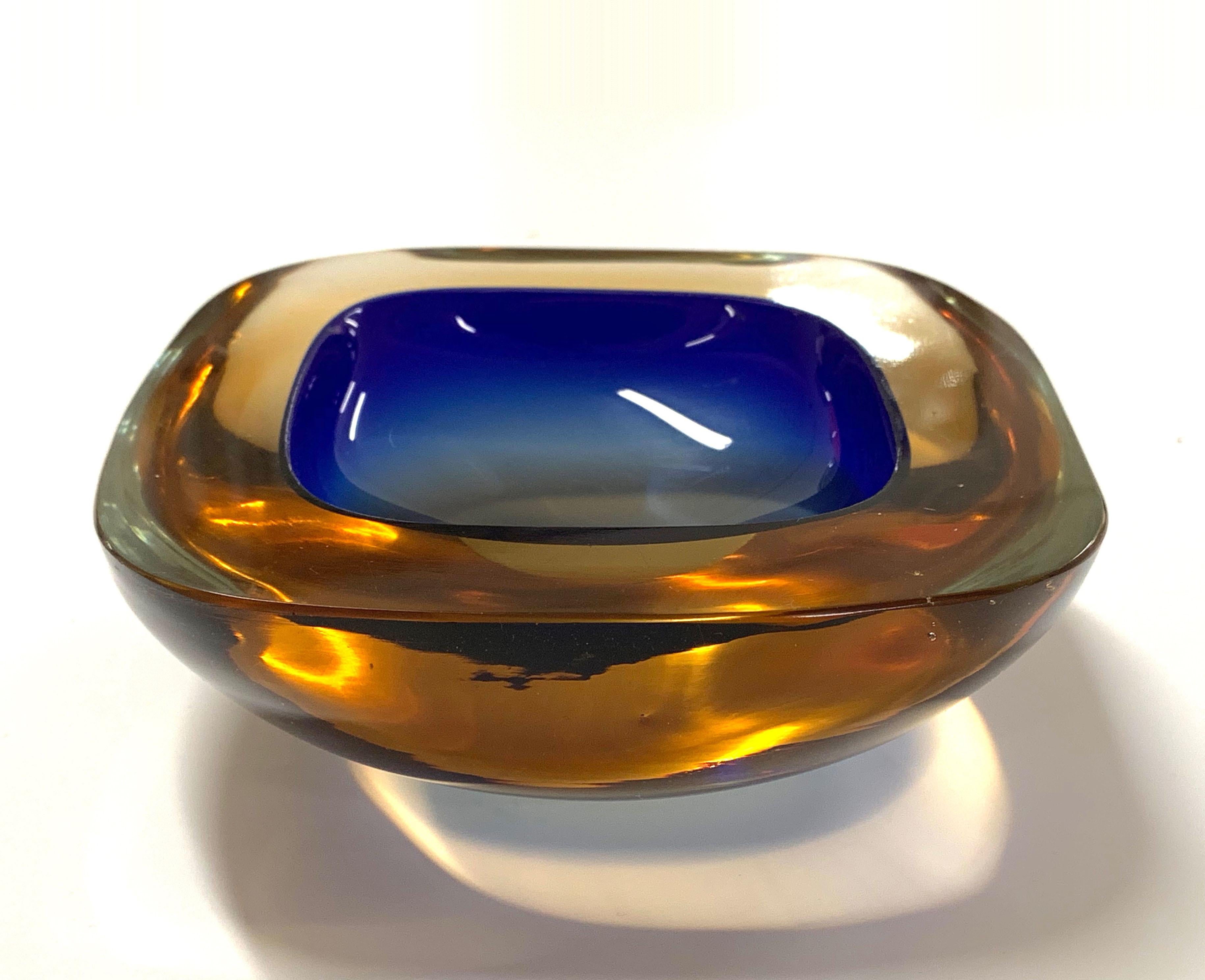 Murano Ashtray or Bowl, Flavio Poli Submerged Glass Amber Blue, Italy, 1960 5