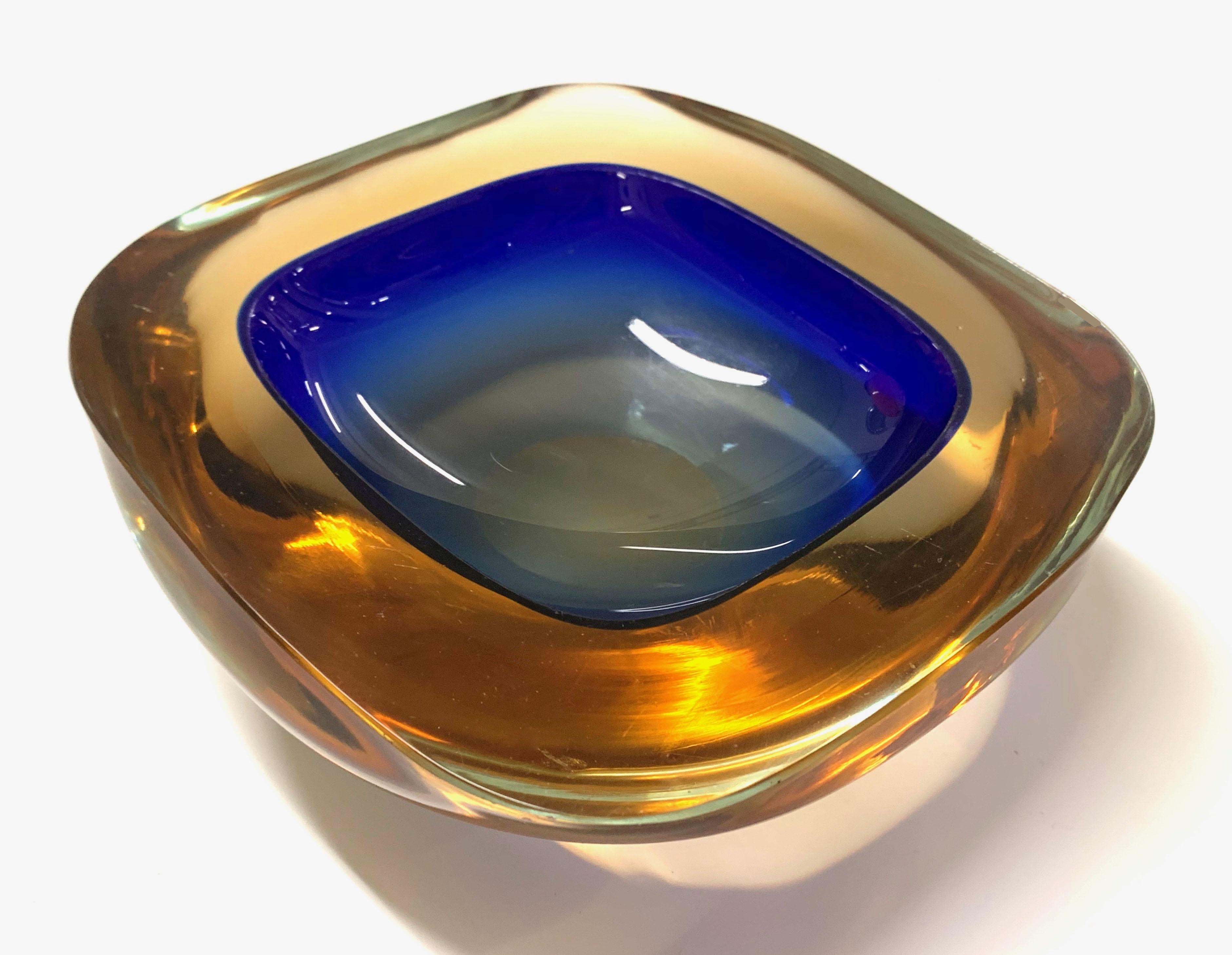 Murano Ashtray or Bowl, Flavio Poli Submerged Glass Amber Blue, Italy, 1960 8