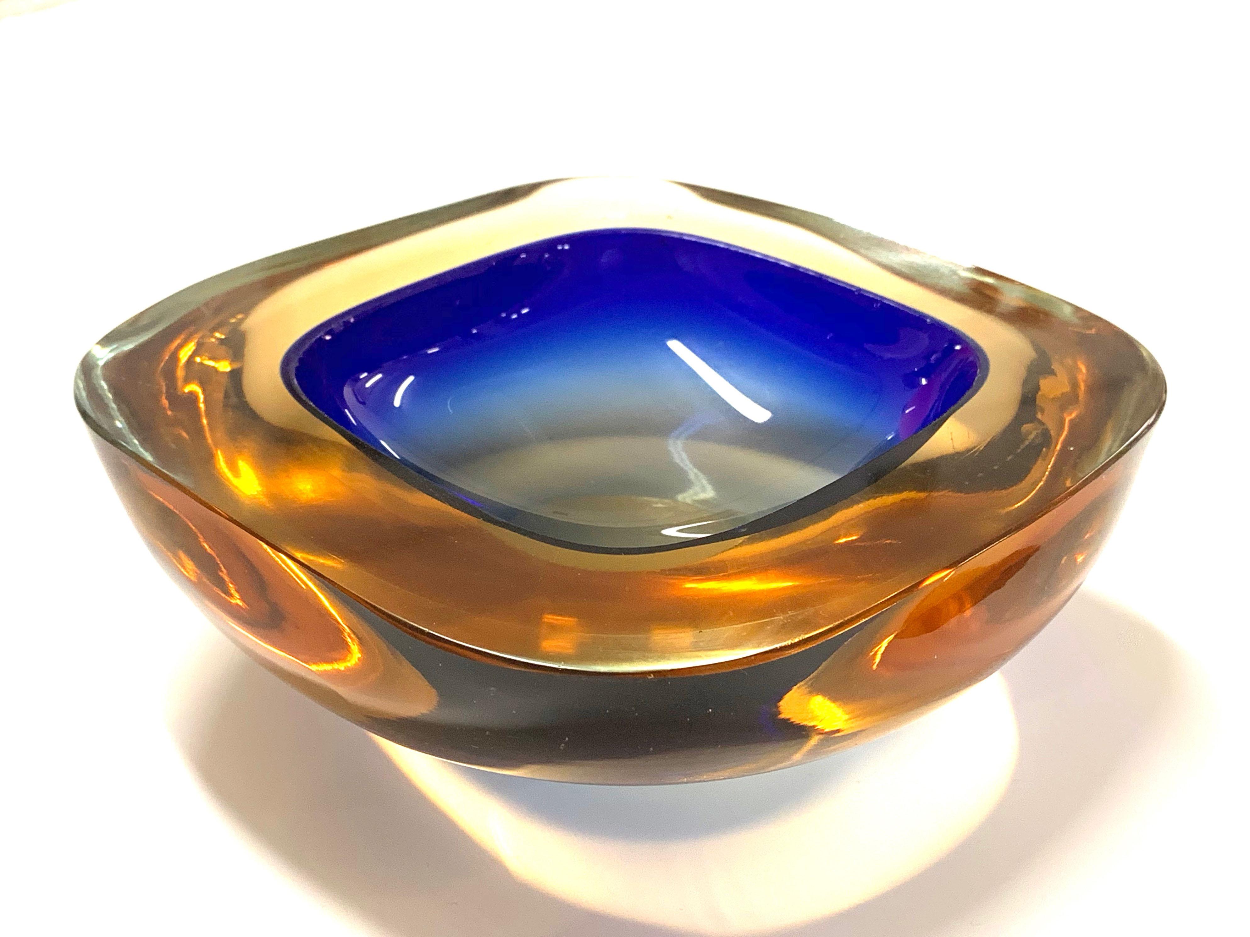 Mid-Century Modern Murano Ashtray or Bowl, Flavio Poli Submerged Glass Amber Blue, Italy, 1960