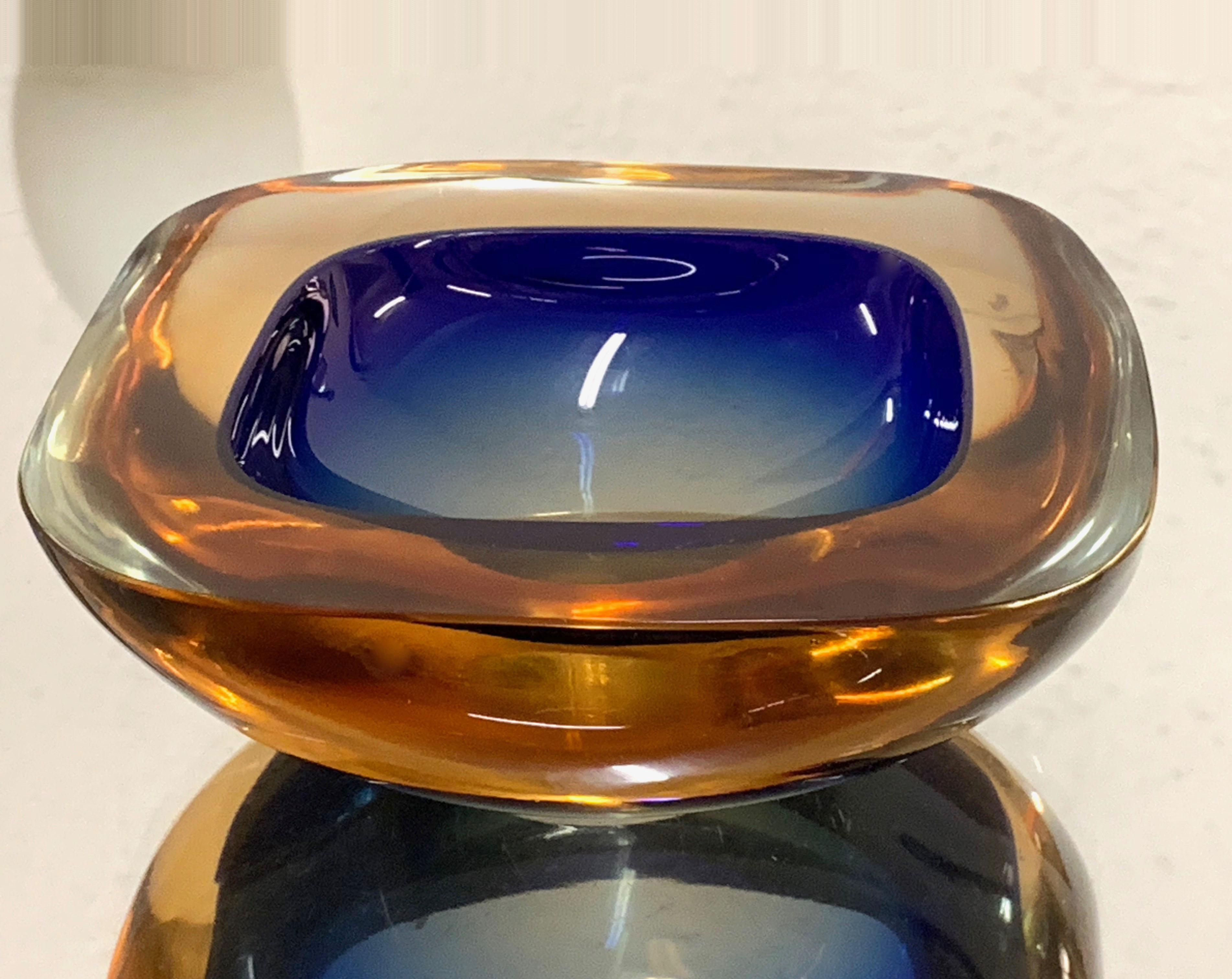 Italian Murano Ashtray or Bowl, Flavio Poli Submerged Glass Amber Blue, Italy, 1960
