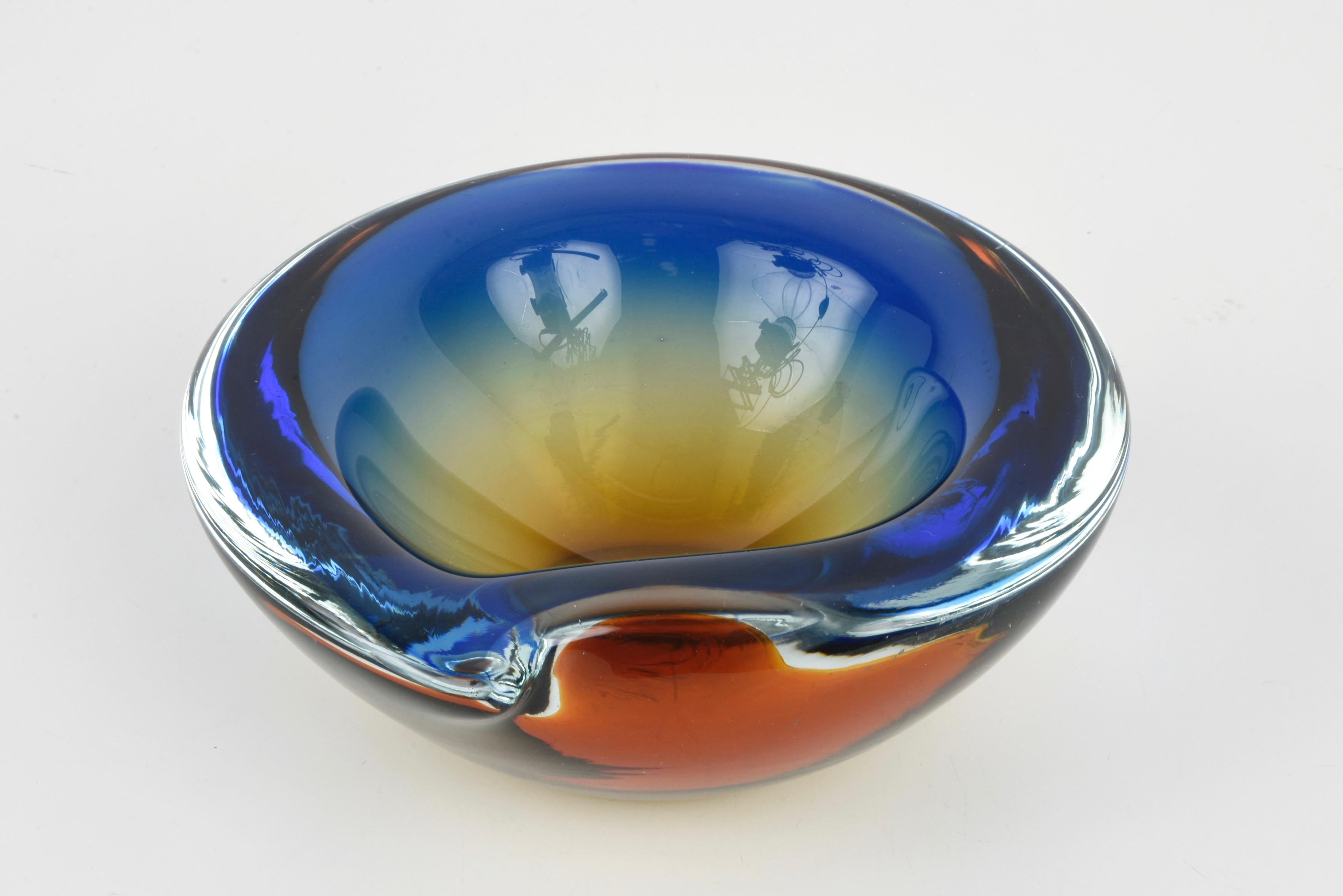 Italian Murano Ashtray or Bowl, Flavio Poli Submerged Glass Amber Blue, Italy, 1960 For Sale
