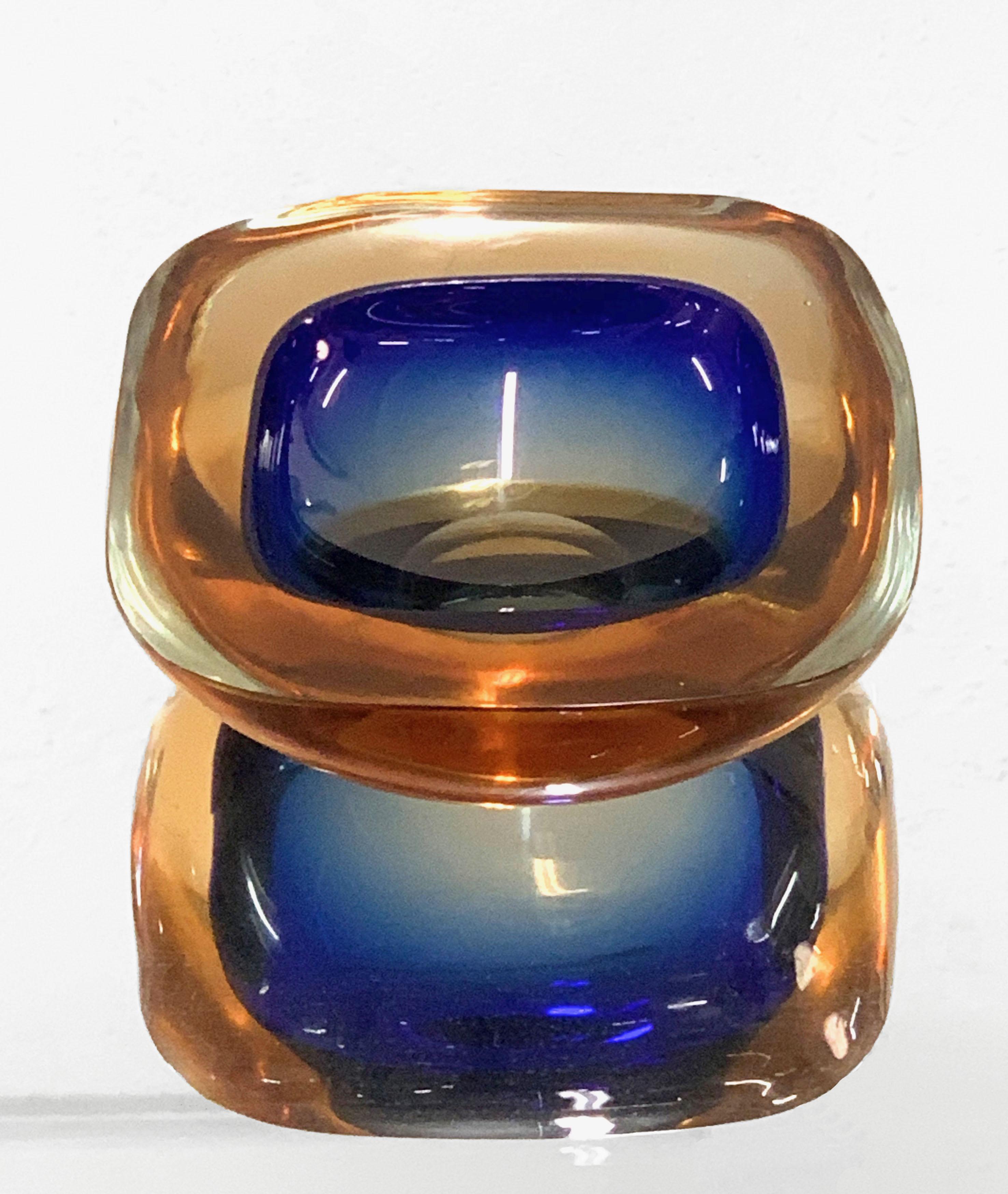 Murano Ashtray or Bowl, Flavio Poli Submerged Glass Amber Blue, Italy, 1960 In Good Condition In Roma, IT