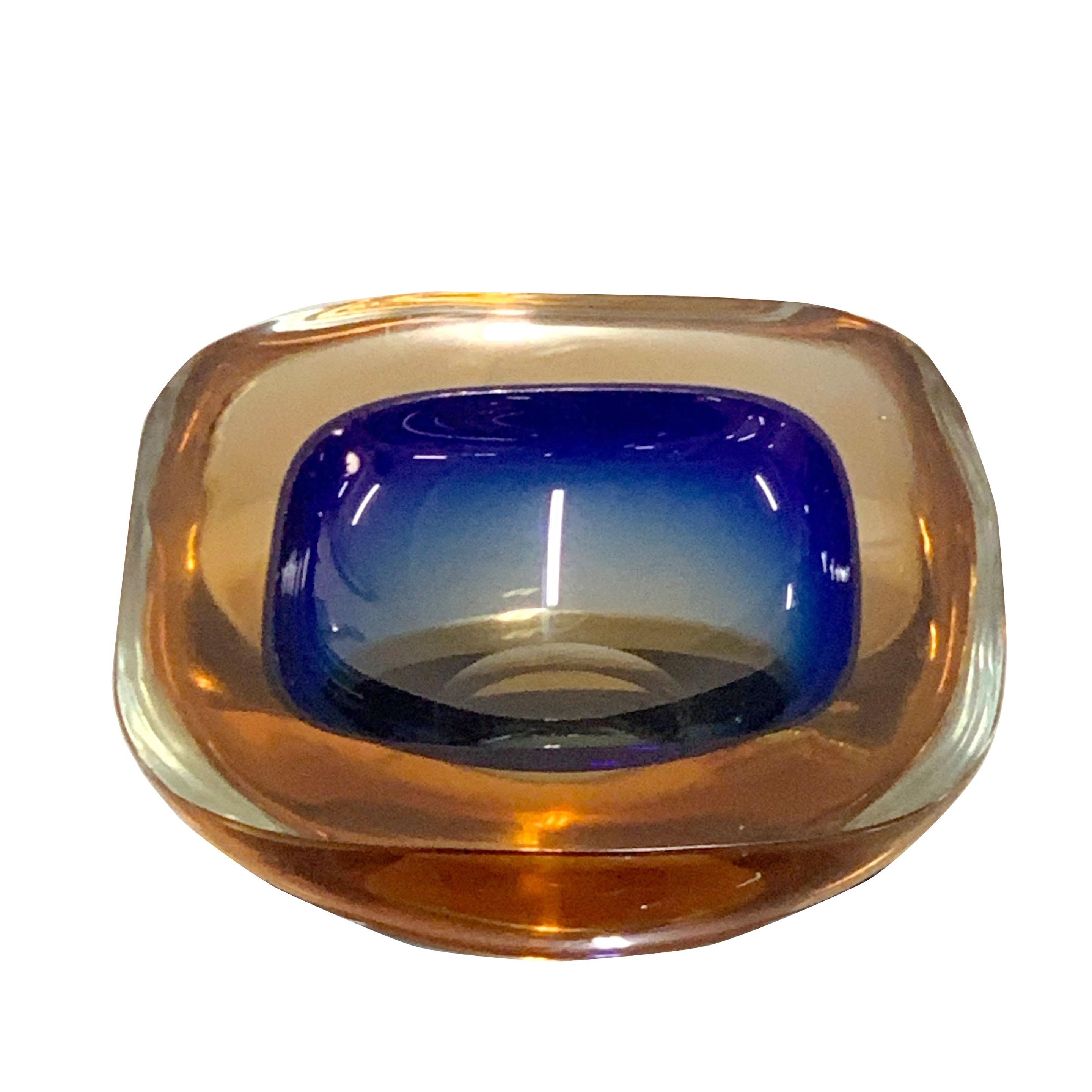 20th Century Murano Ashtray or Bowl, Flavio Poli Submerged Glass Amber Blue, Italy, 1960