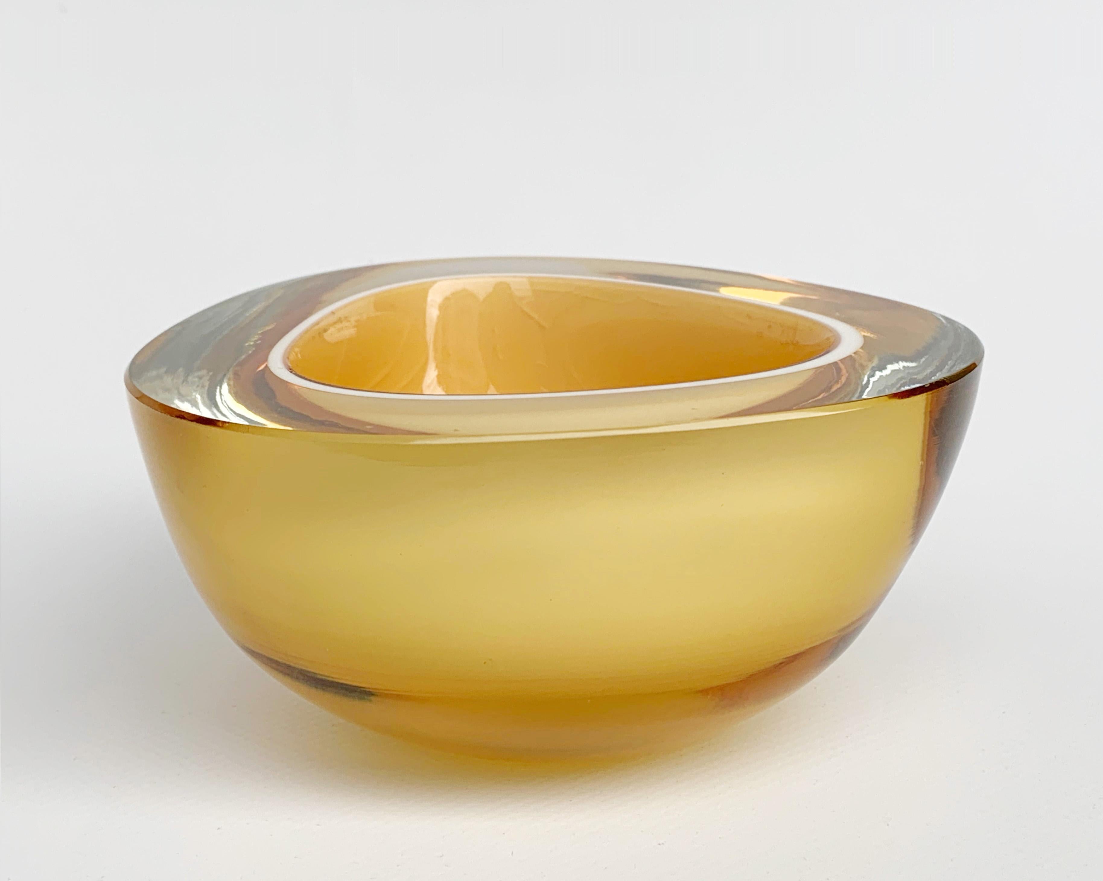 Italian Murano Ashtray or Bowl, Flavio Poli, Submerged Glass, Yellow Cream, Italy, 1960