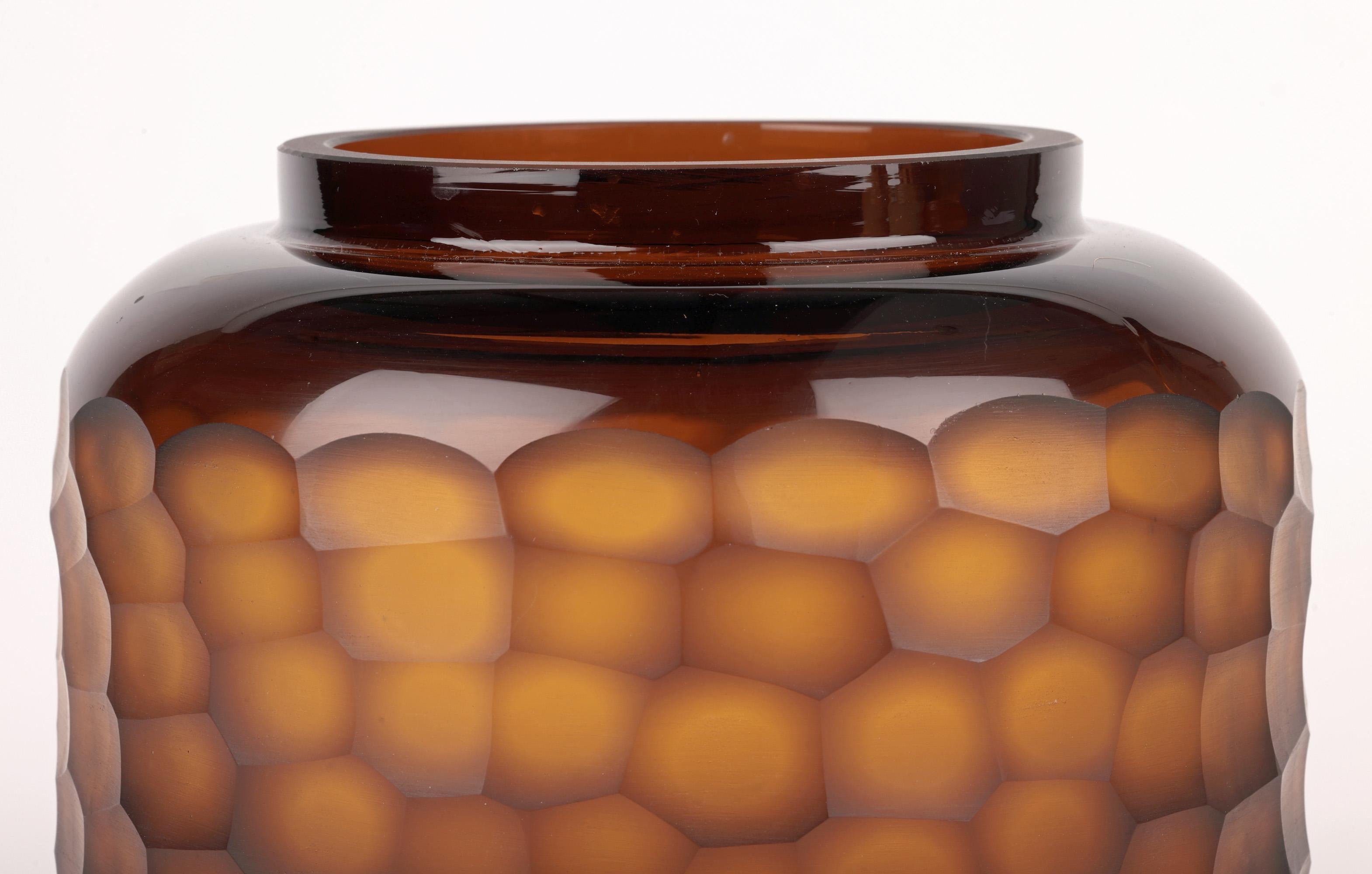 A stunning and impressive large Italian Murano attributed battuto design brown glass vase in the style of Carlo Scarpa and probably dating from around 1950 or earlier. The large hand-crafted vase stands raised on a thick cylindrical foot with a wide