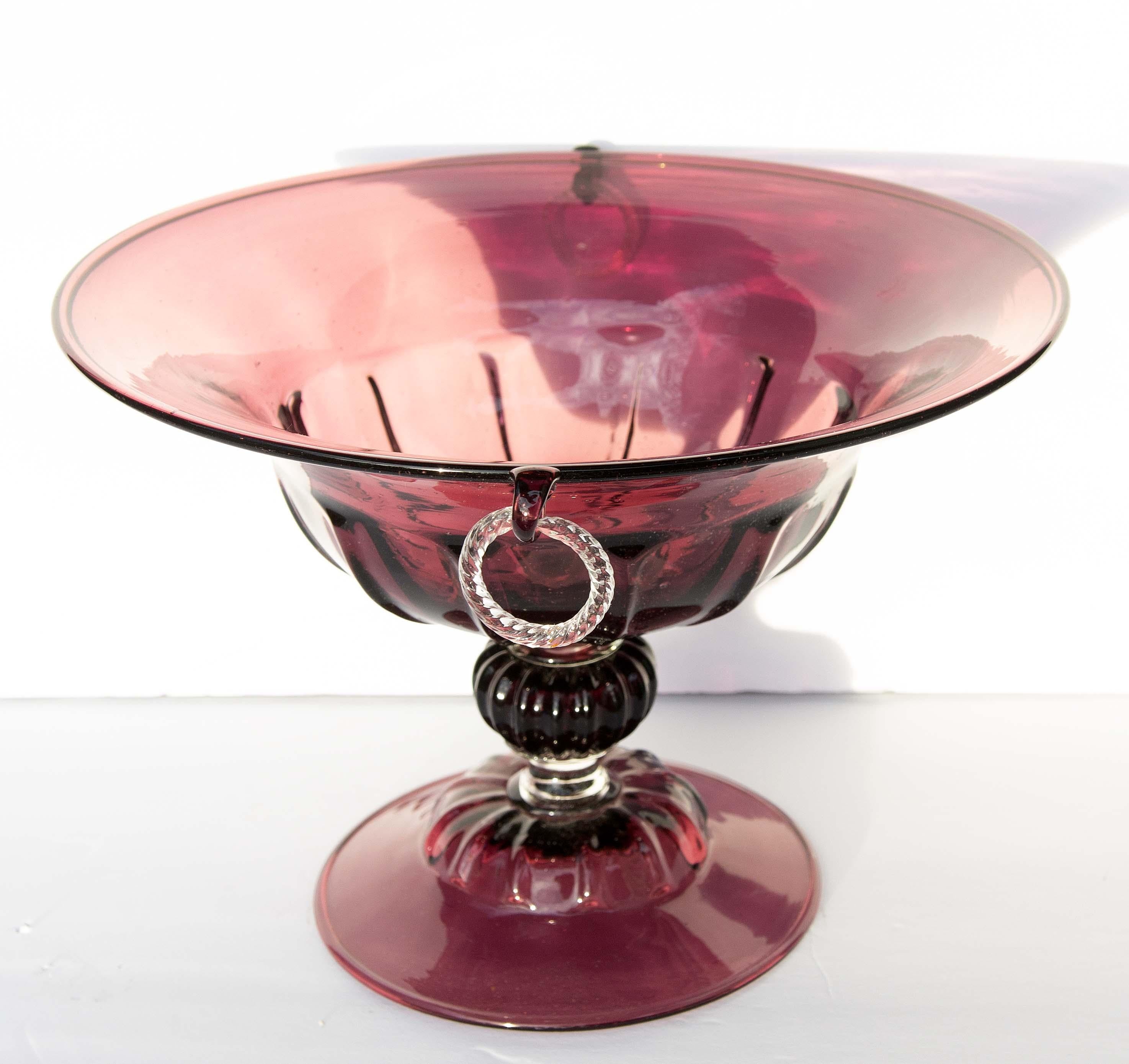 Italian Murano Aubergine Glass Center Piece Compote, Mid-Century Modern