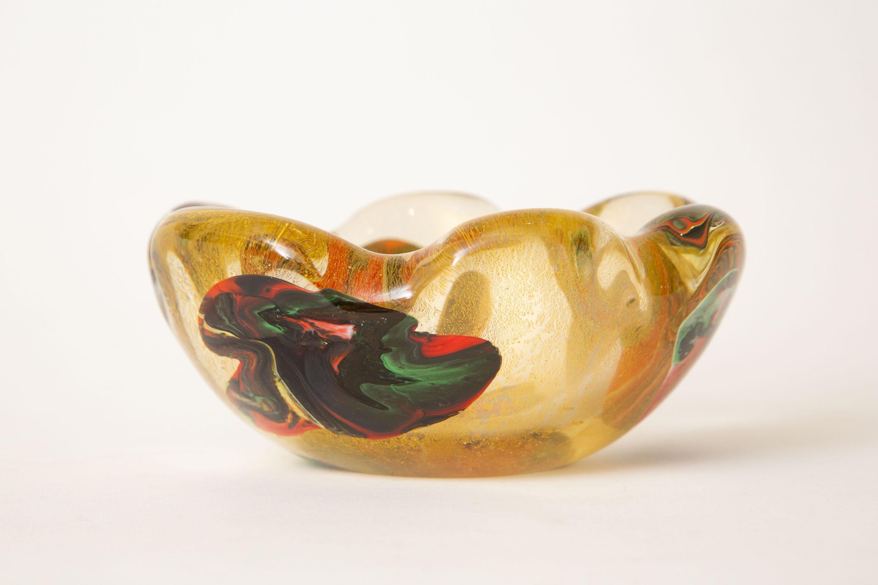 Murano Vintage Avem Gold, Red, Orange, Green Patchwork Glass Scalloped Bowl For Sale 1