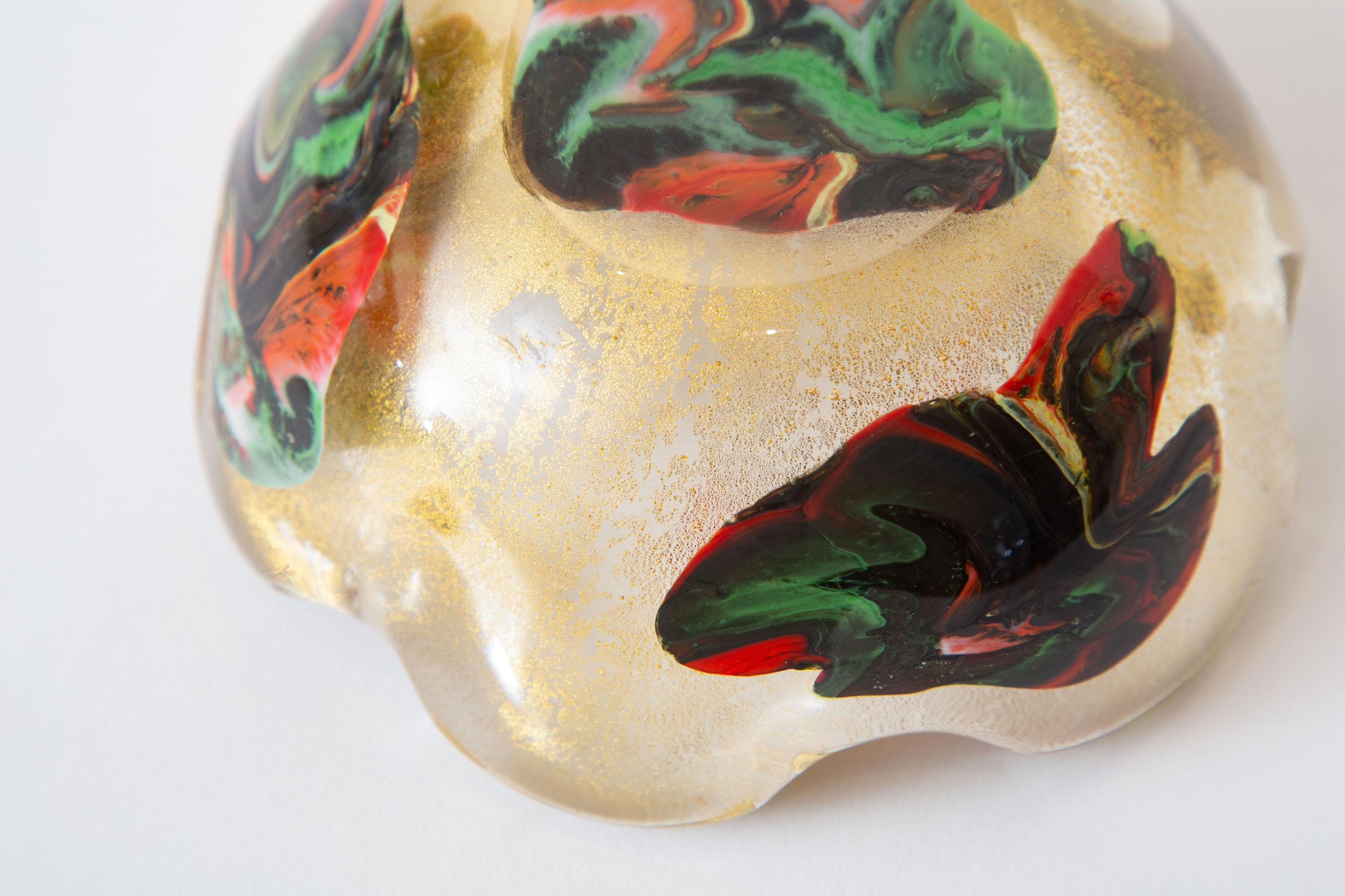 Schale aus Murano-Patchwork-Glas mit Wellenschliff in Gold, Rot, Orange und Grün  im Angebot 5