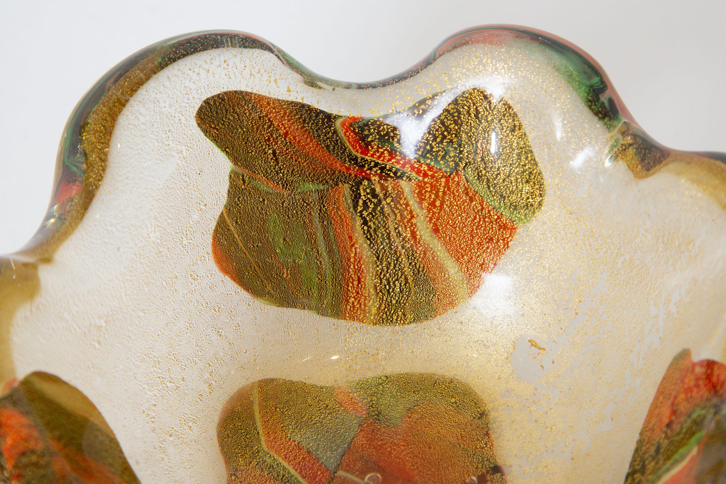 Schale aus Murano-Patchwork-Glas mit Wellenschliff in Gold, Rot, Orange und Grün  im Angebot 6