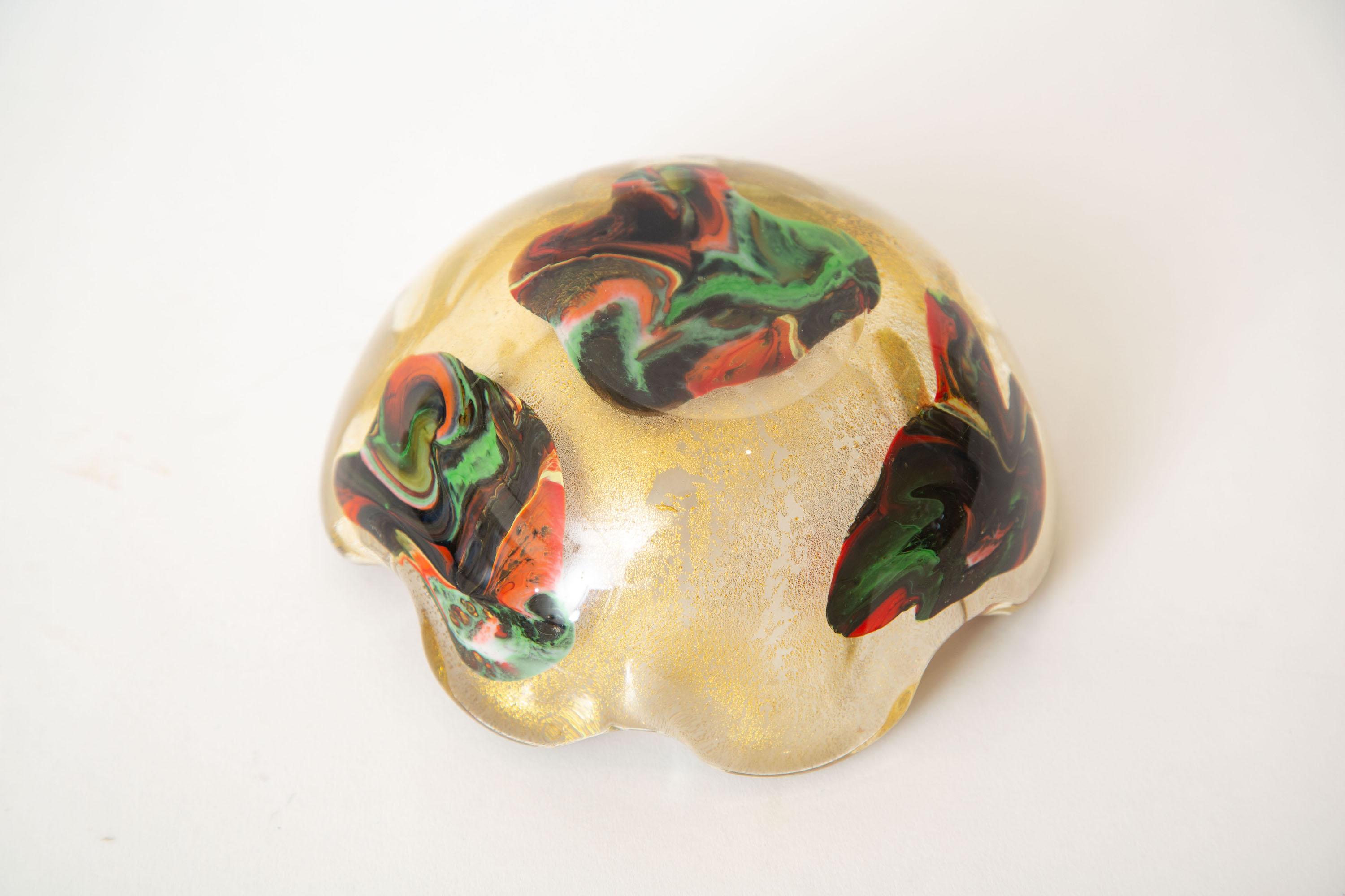 Murano Vintage Avem Gold, Red, Orange, Green Patchwork Glass Scalloped Bowl For Sale 4