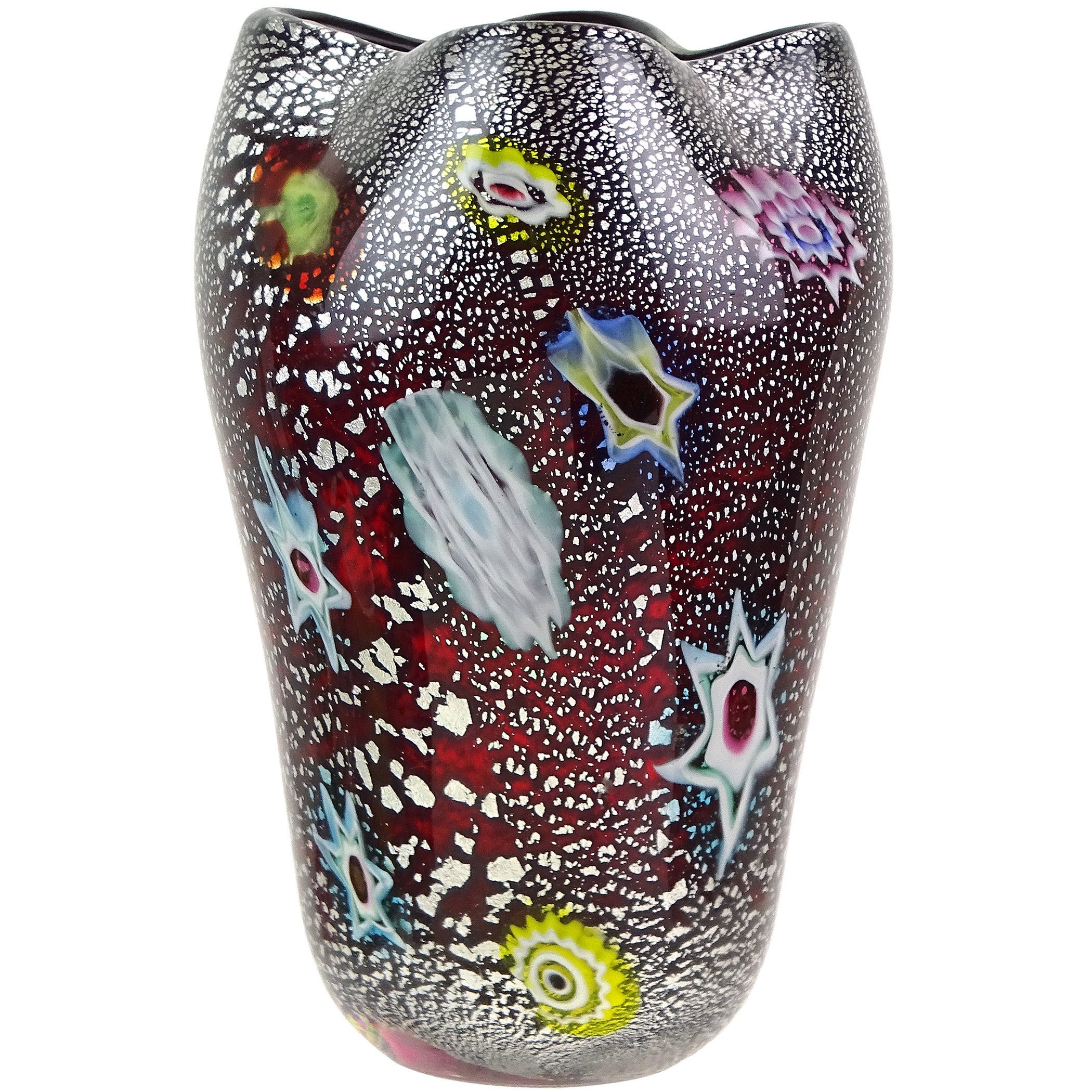 Murano AVeM Flores Millefiori Rojas Motas de Plata Florero de Vidrio Art�ístico Italiano en venta