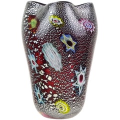 Murano AVeM Red Millefiori Flowers Silver Flecks Italian Art Glass Flower Vase