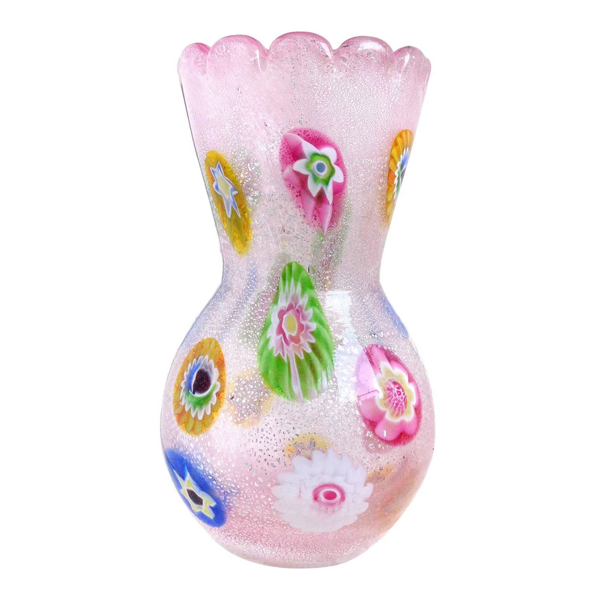 Murano Avem Vintage Pink Millefiori Silver Flecks Vaso di fiori in Italian Art Glass