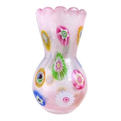 Murano Avem Vintage Pink Millefiori Silver Flecks Italian Art Glass Flower Vase