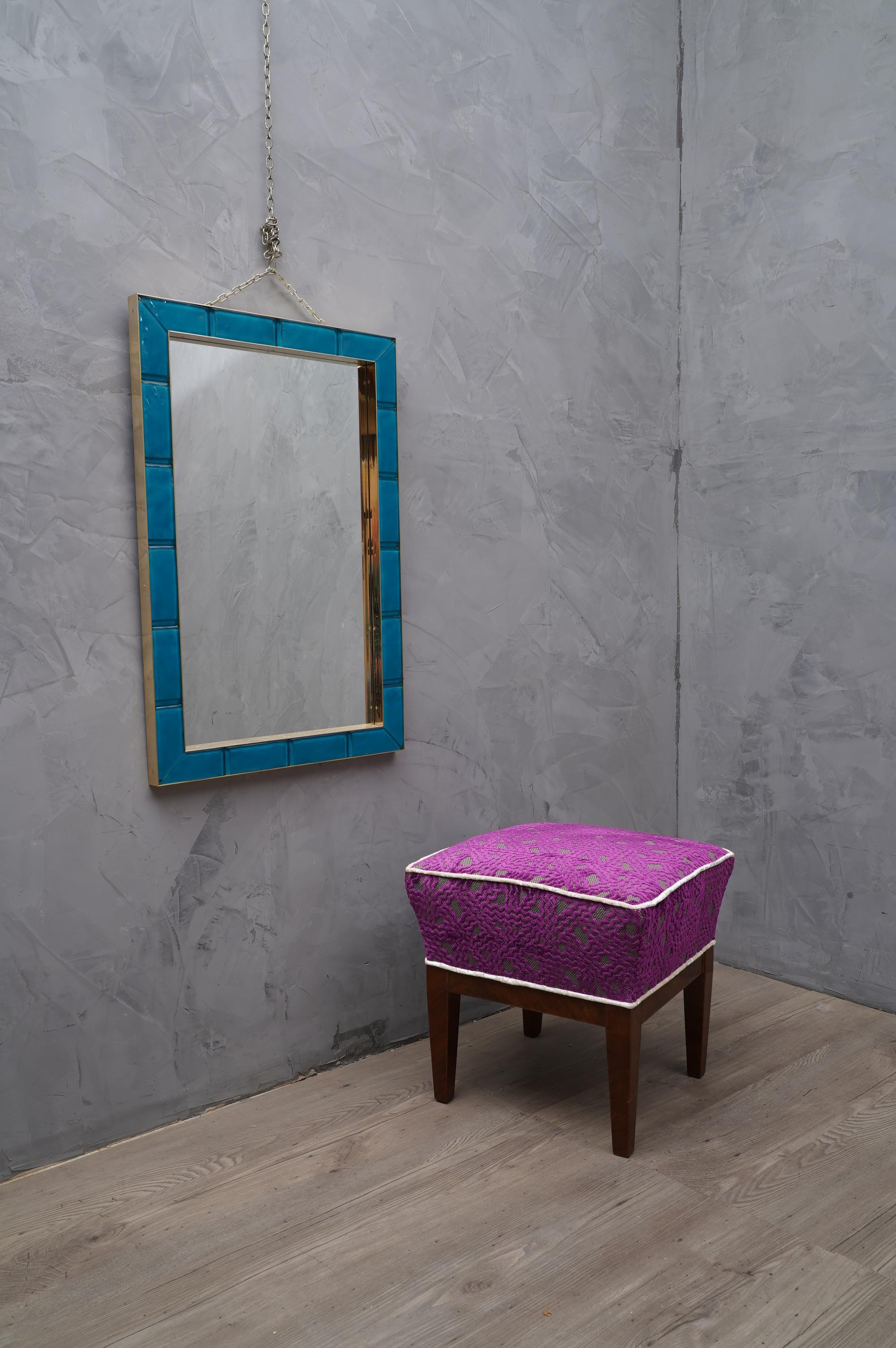 Mid-Century Modern Murano Azure Color Glass and Brass Wall Mirror, 1980