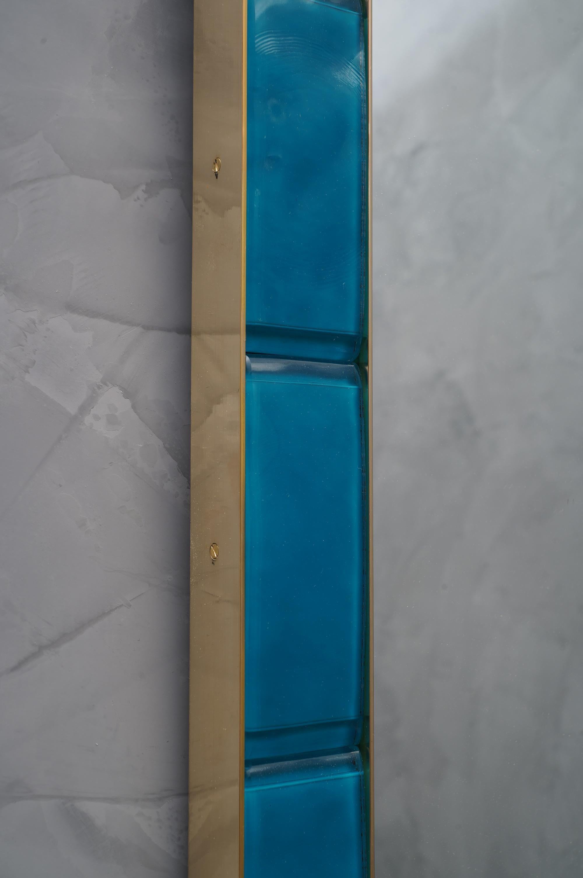 Italian Murano Azure Color Glass and Brass Wall Mirror, 1980
